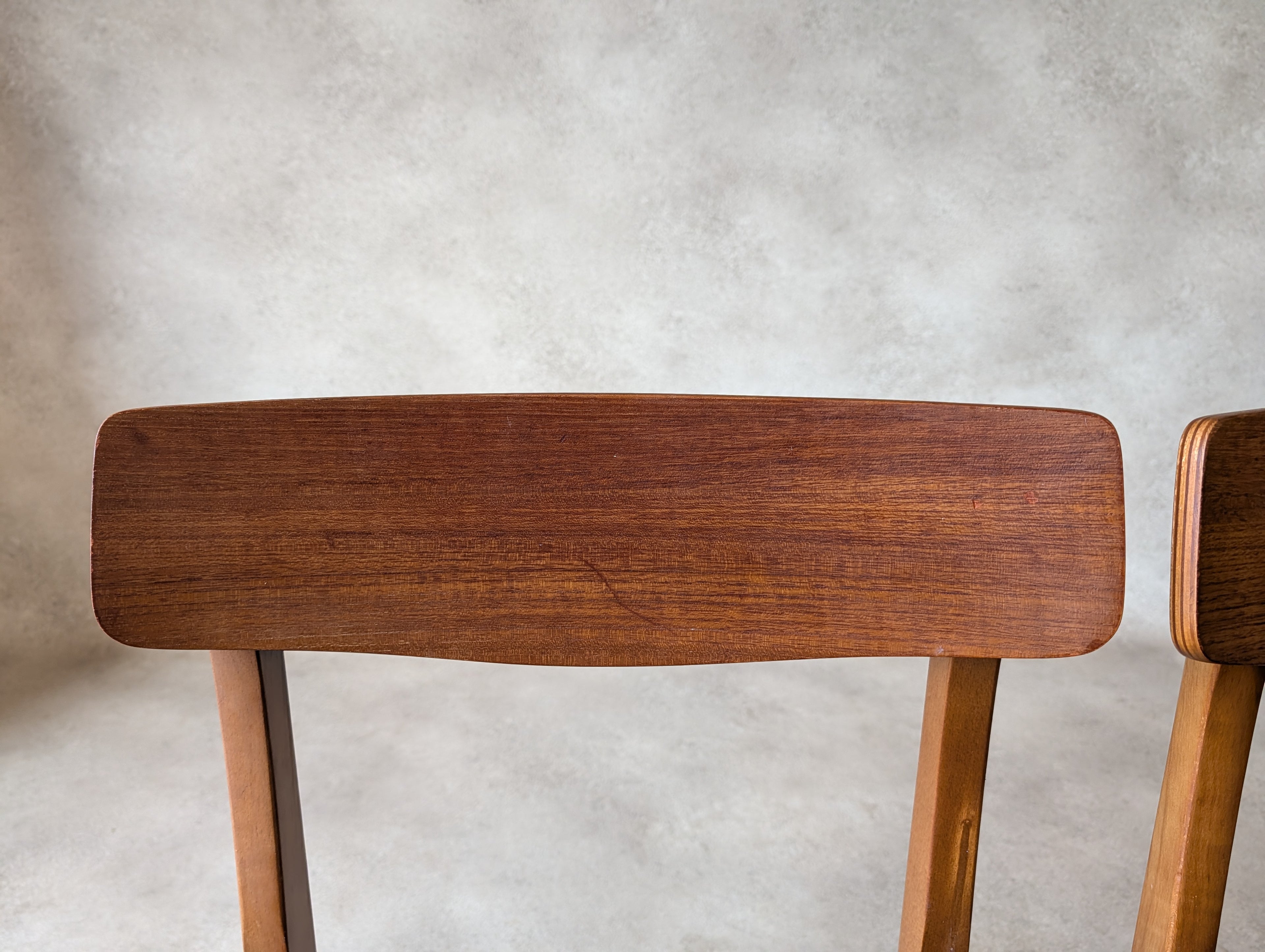 Set Of 4 Mid Century Curved Back Dining Chairs With Black Vinyl Seat -1960s