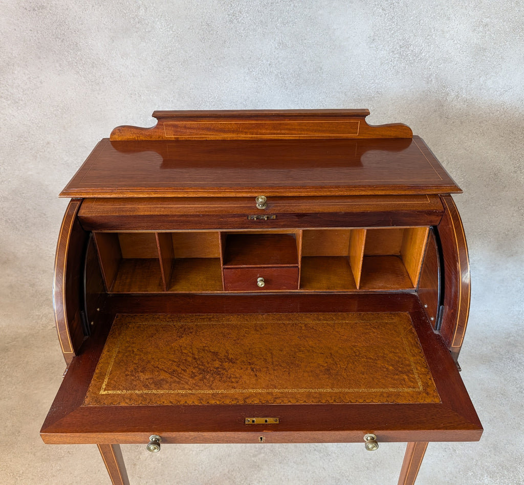 Antique Edwardian Sheraton Style Cylinder Top Desk / Writing Bureau