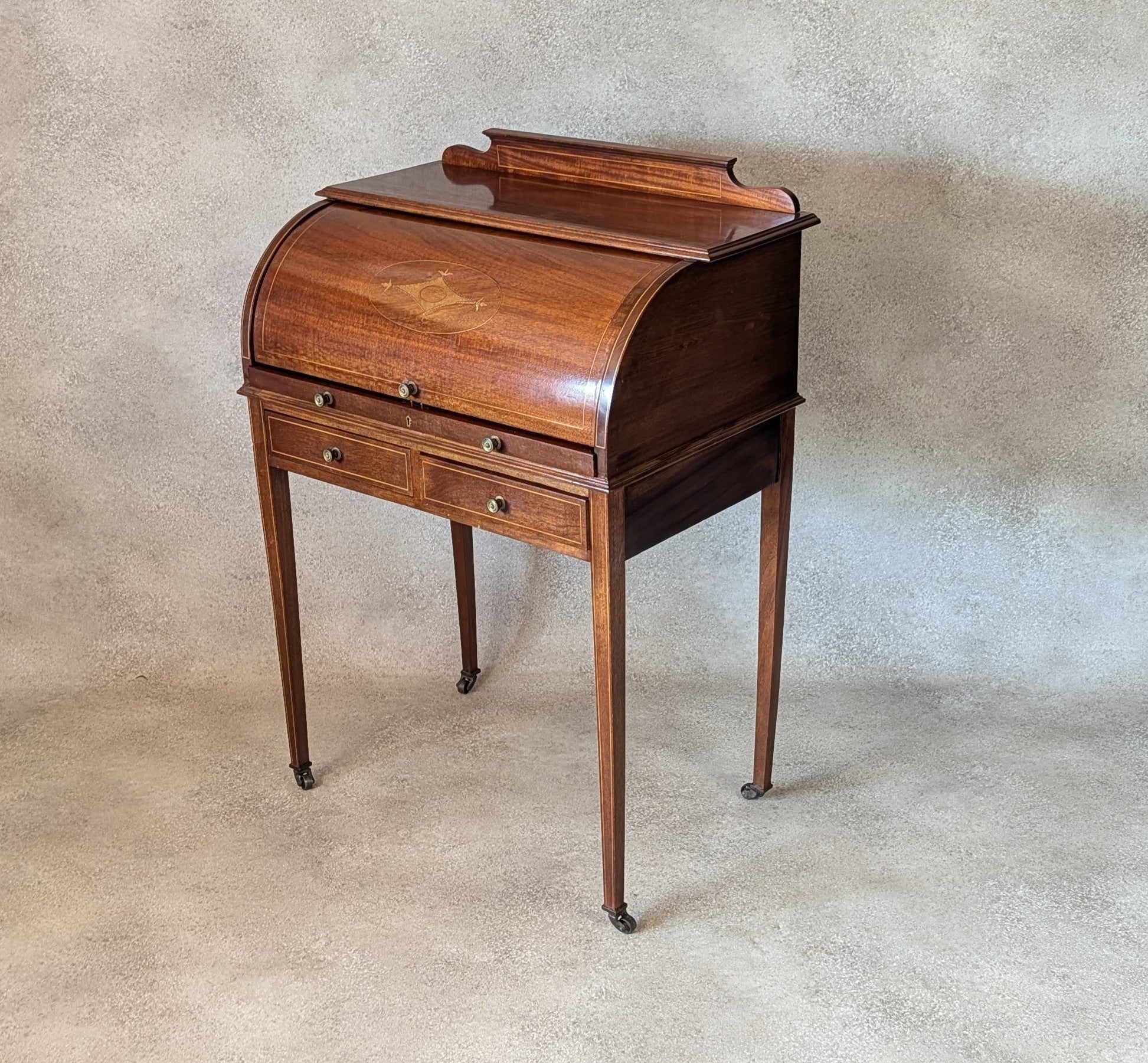 Antique Edwardian Sheraton Style Cylinder Top Desk / Writing Bureau