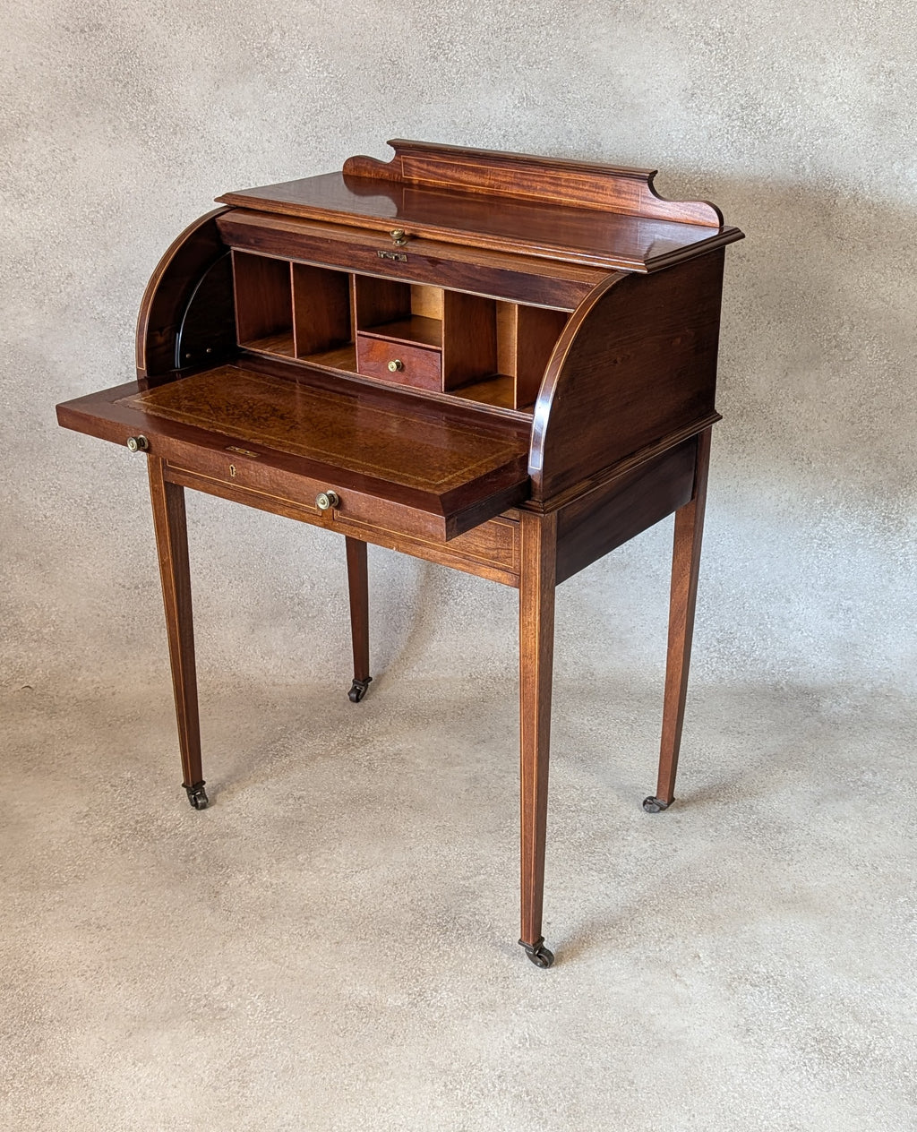 Antique Edwardian Sheraton Style Cylinder Top Desk / Writing Bureau