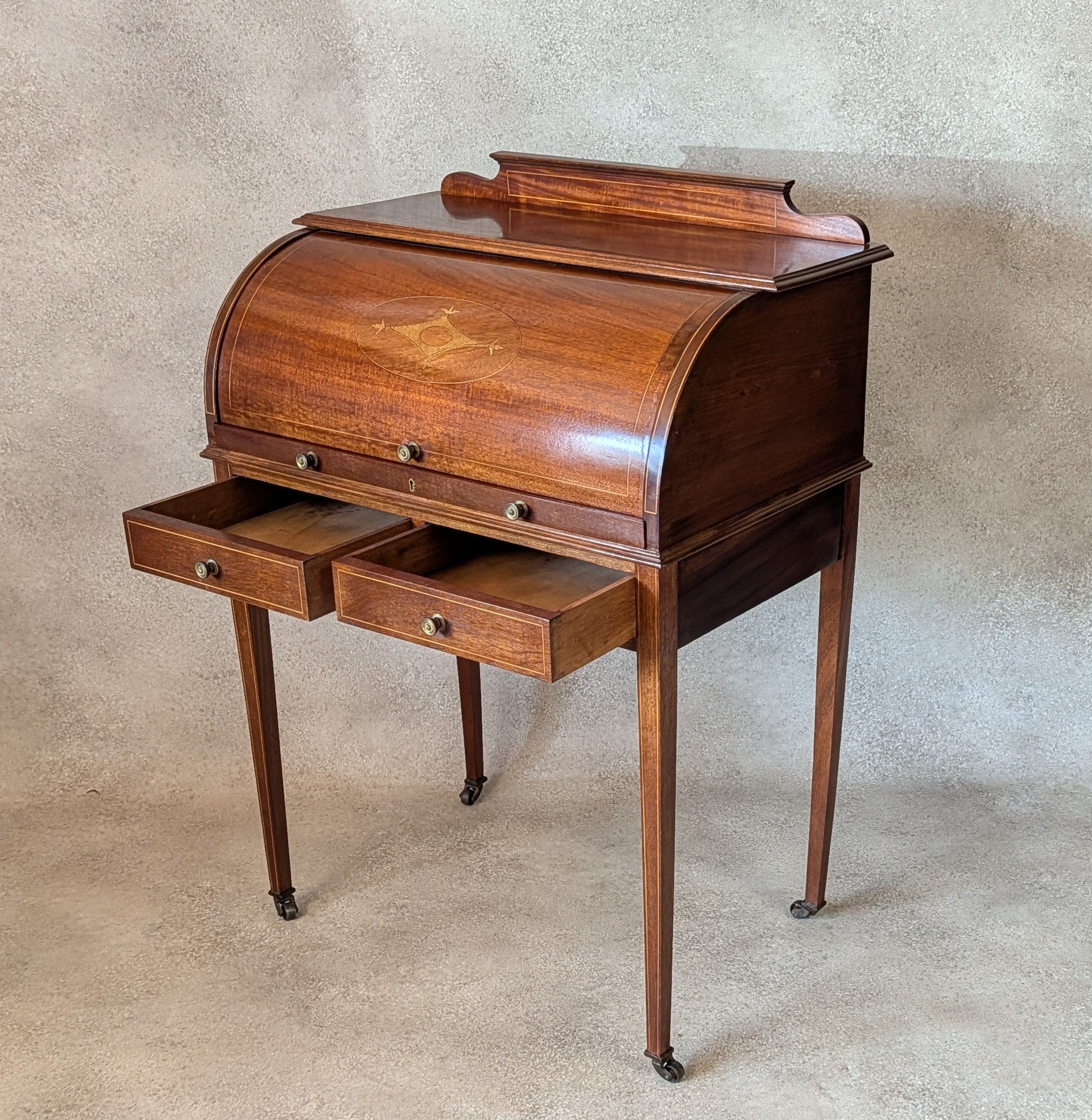 Antique Edwardian Sheraton Style Cylinder Top Desk / Writing Bureau