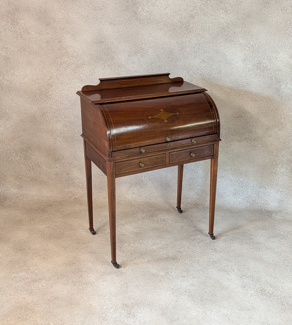 Antique Edwardian Sheraton Style Cylinder Top Desk / Writing Bureau