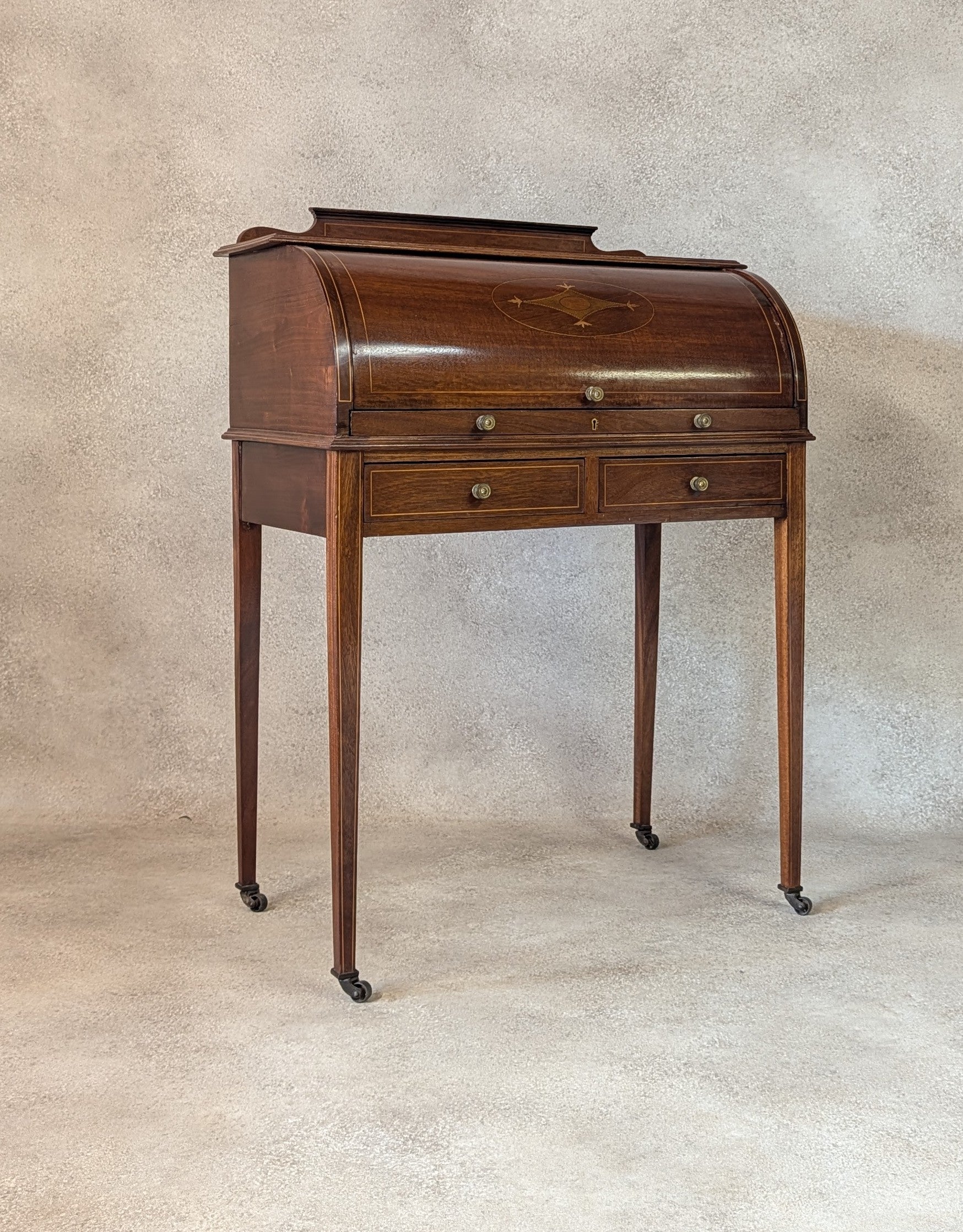 Antique Edwardian Sheraton Style Cylinder Top Desk / Writing Bureau