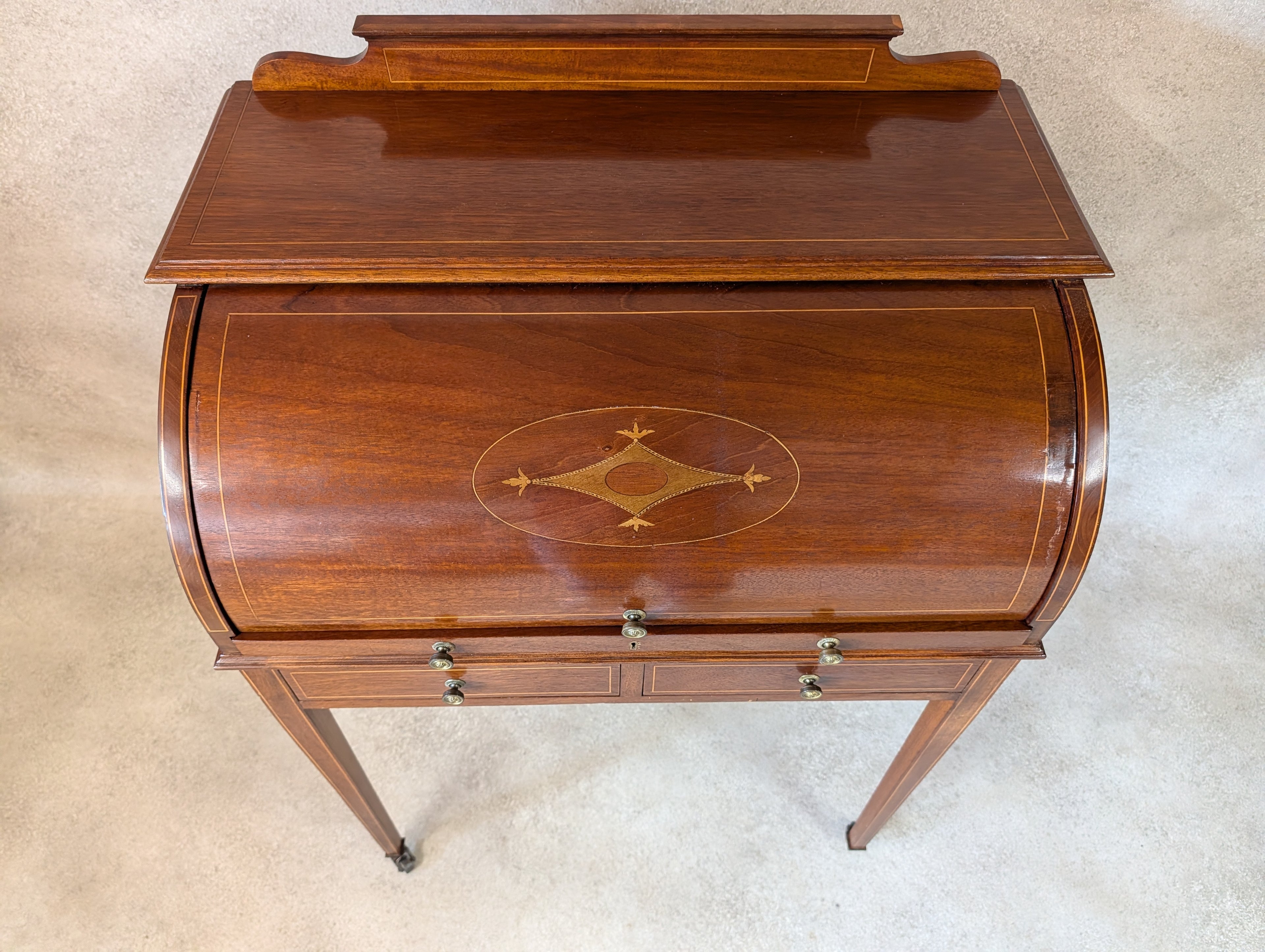 Antique Edwardian Sheraton Style Cylinder Top Desk / Writing Bureau