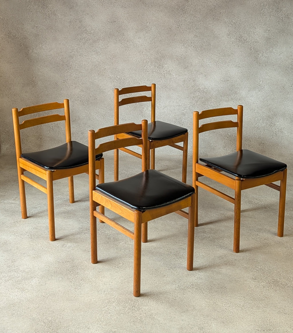 Set of 4 Mid Century Scandinavian Style Beech & Black Vinyl Dining Chairs 1960s
