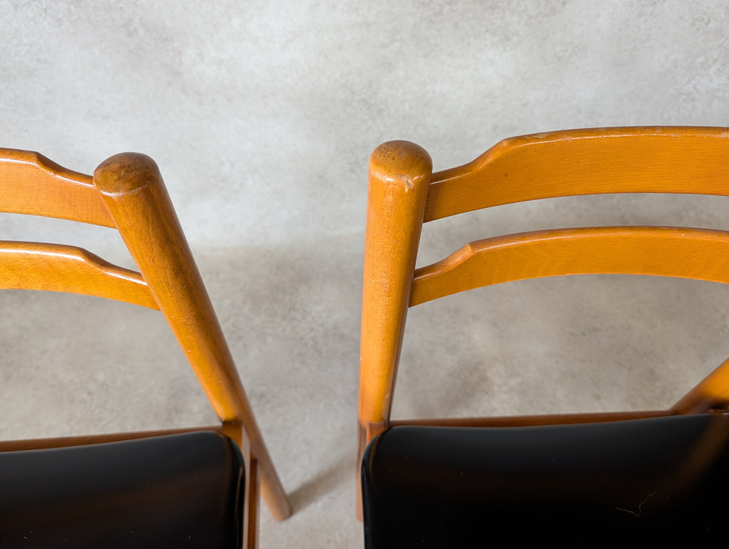 Set of 4 Mid Century Scandinavian Style Beech & Black Vinyl Dining Chairs 1960s