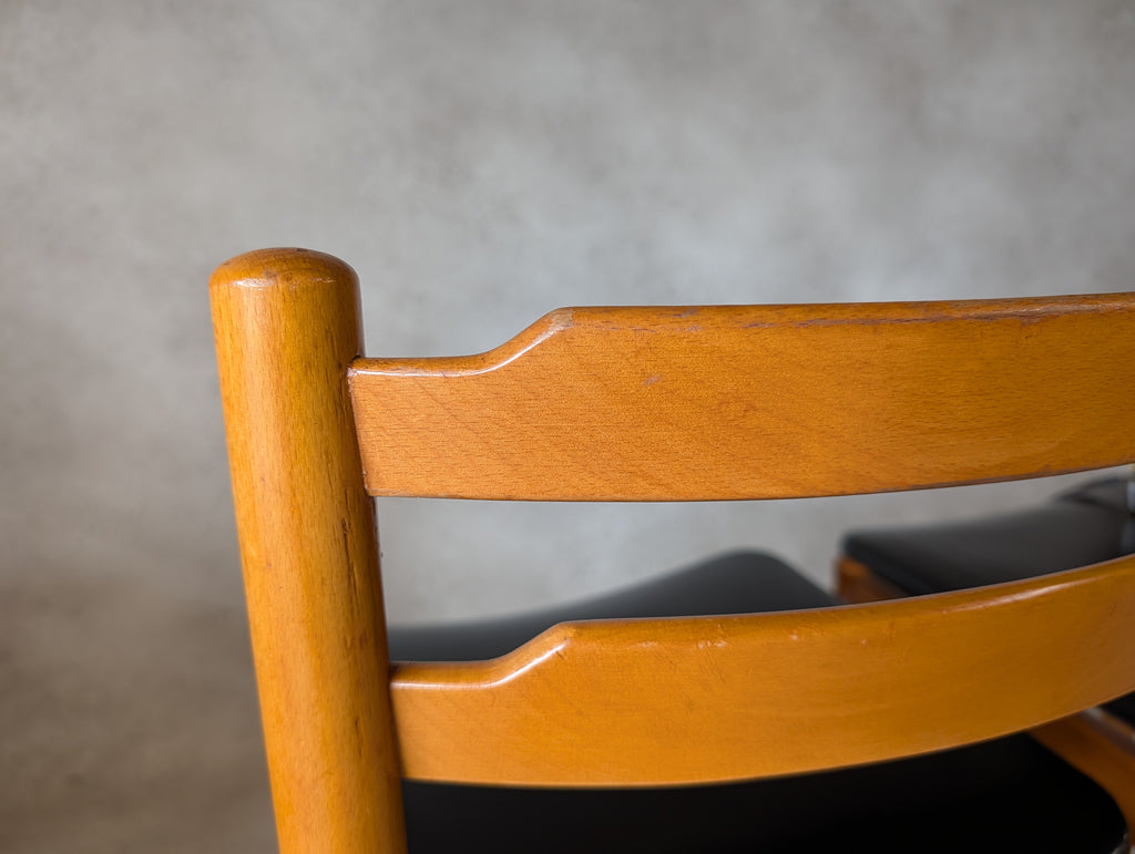Set of 4 Mid Century Scandinavian Style Beech & Black Vinyl Dining Chairs 1960s