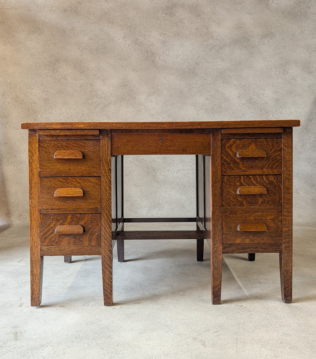 Early 20th Century Vintage Oak Double Pedestal Teachers Desk