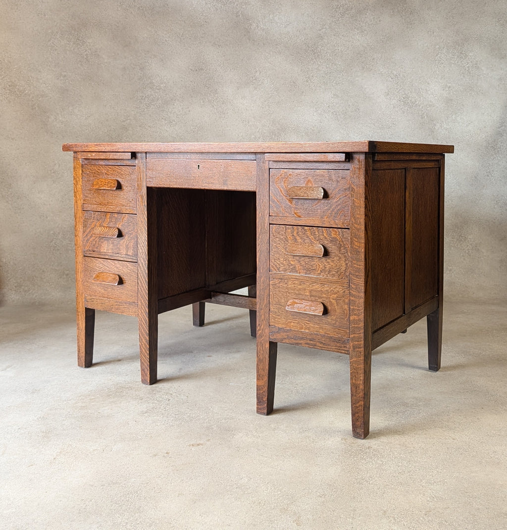 Early 20th Century Vintage Oak Double Pedestal Teachers Desk