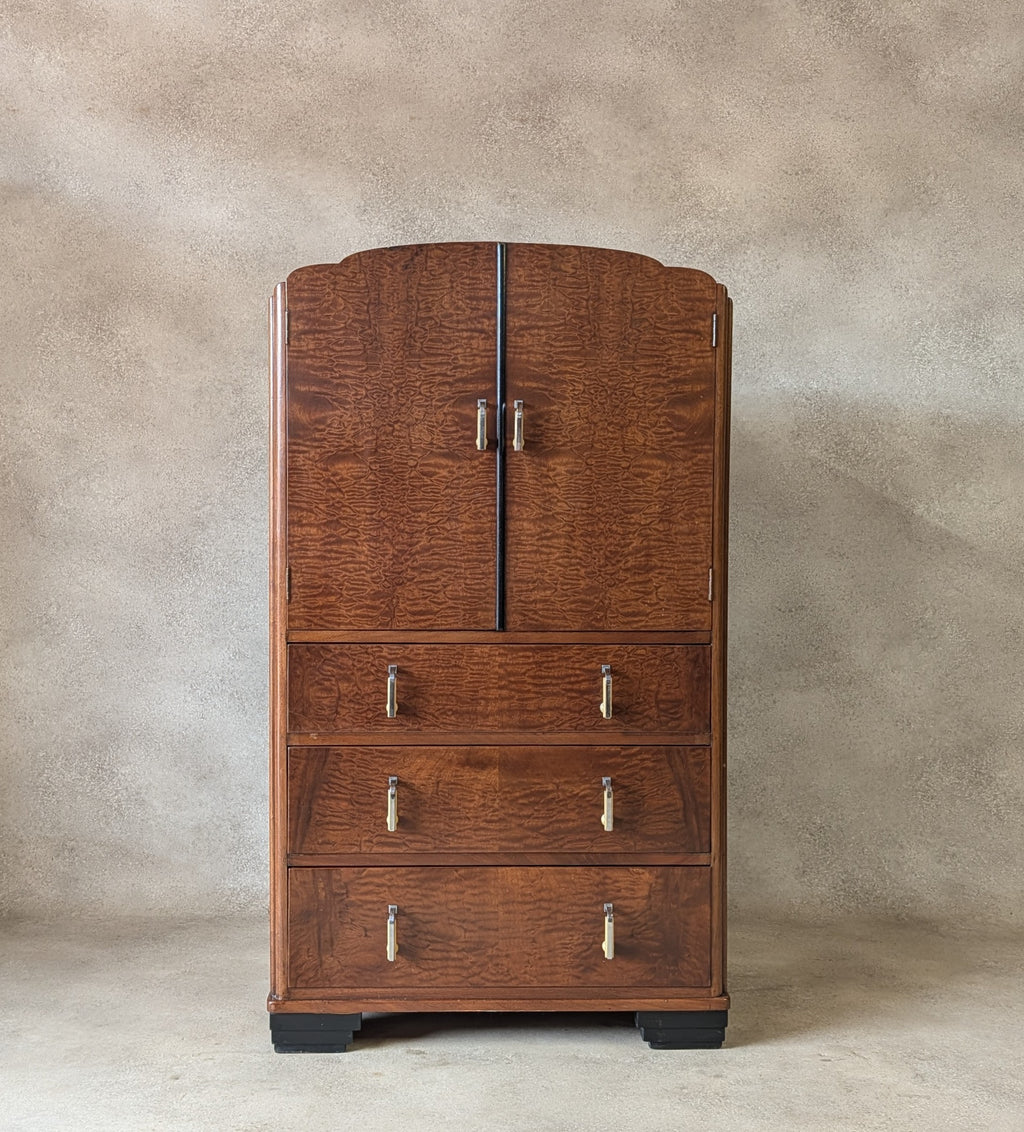 Vintage Art Deco Linen Cabinet Figured Walnut Tallboy Cupboard C.1930