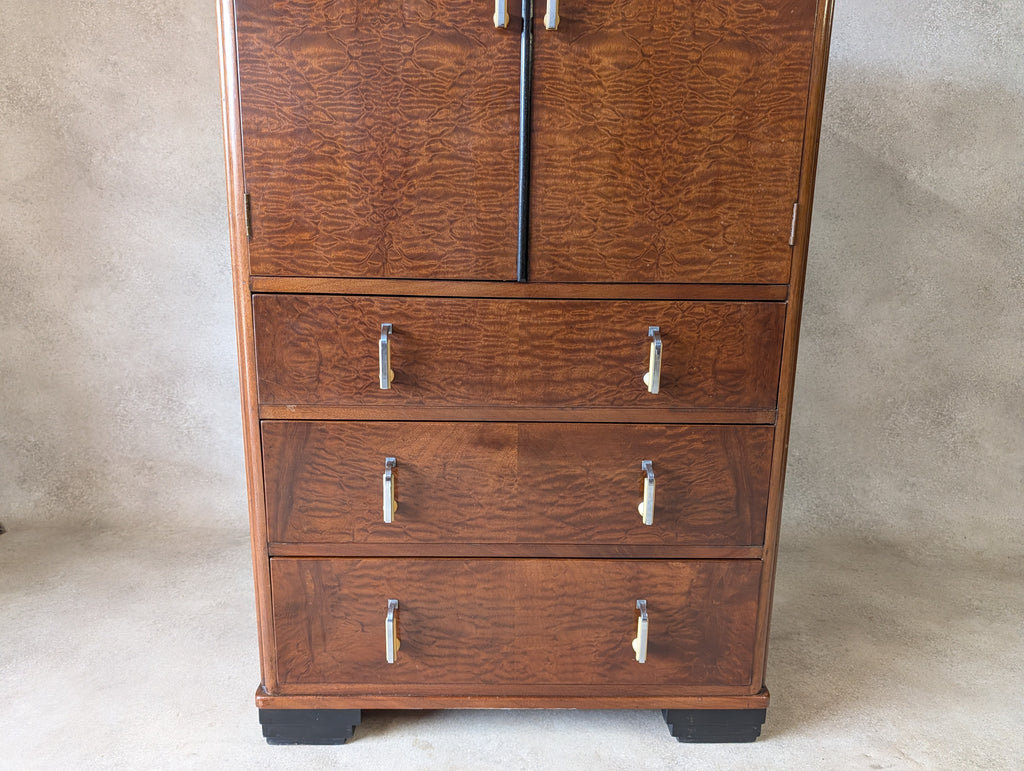 Vintage Art Deco Linen Cabinet Figured Walnut Tallboy Cupboard C.1930