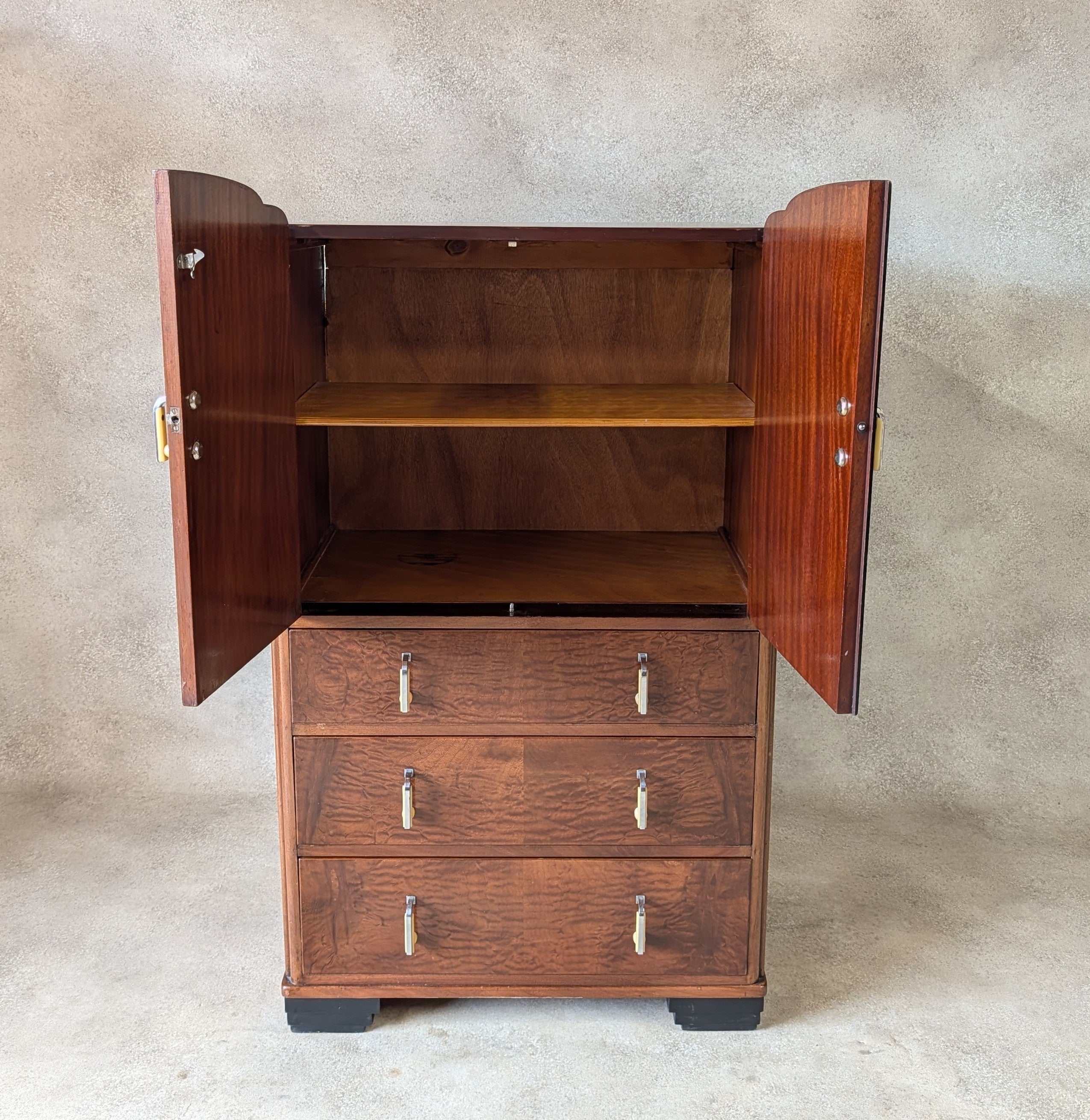 Vintage Art Deco Linen Cabinet Figured Walnut Tallboy Cupboard C.1930
