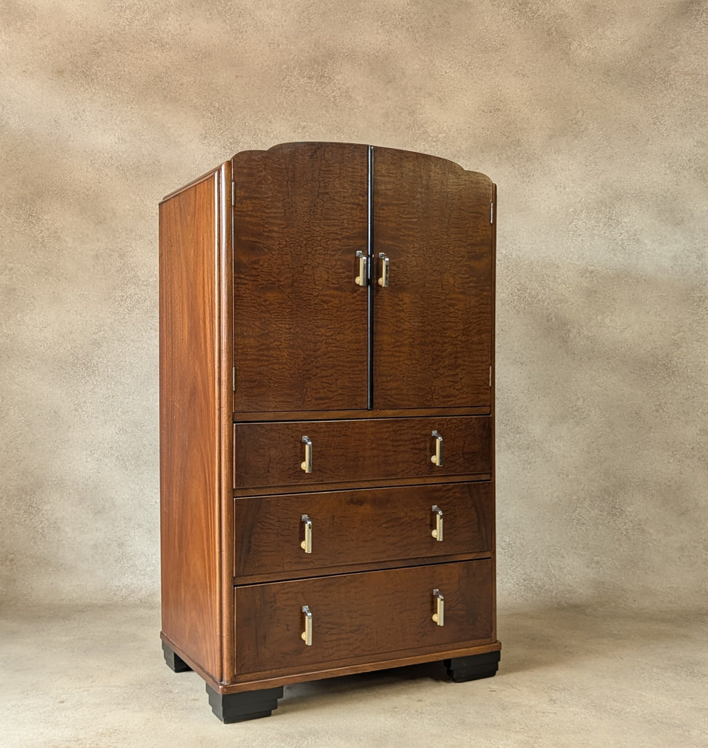Vintage Art Deco Linen Cabinet Figured Walnut Tallboy Cupboard C.1930