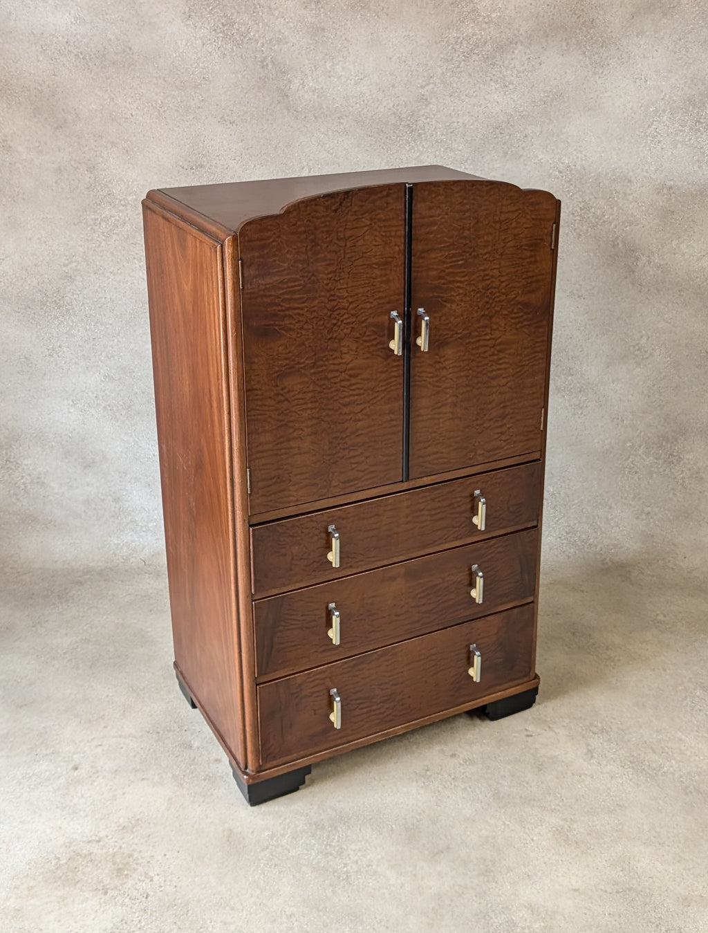 Vintage Art Deco Linen Cabinet Figured Walnut Tallboy Cupboard C.1930