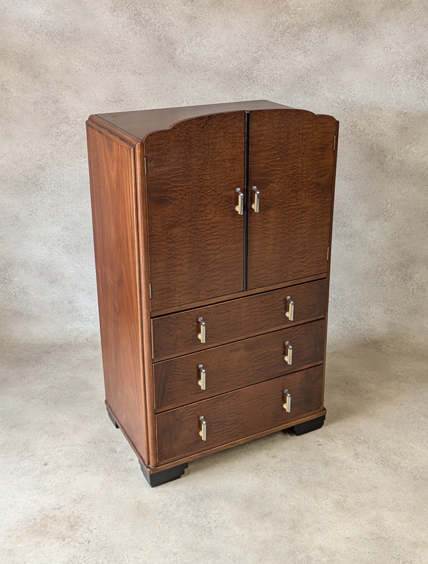 Vintage Art Deco Linen Cabinet Figured Walnut Tallboy Cupboard C.1930