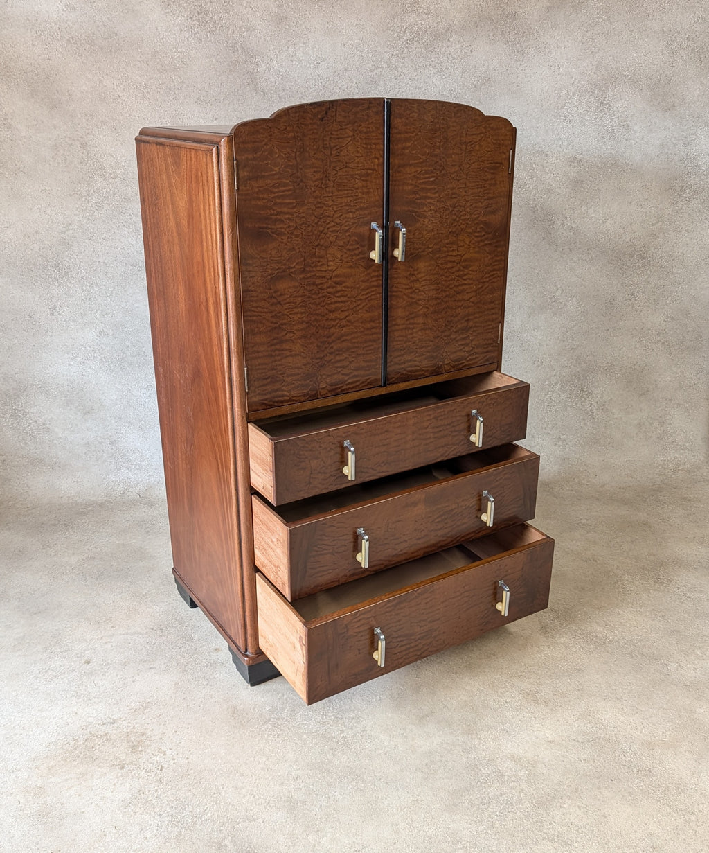 Vintage Art Deco Linen Cabinet Figured Walnut Tallboy Cupboard C.1930