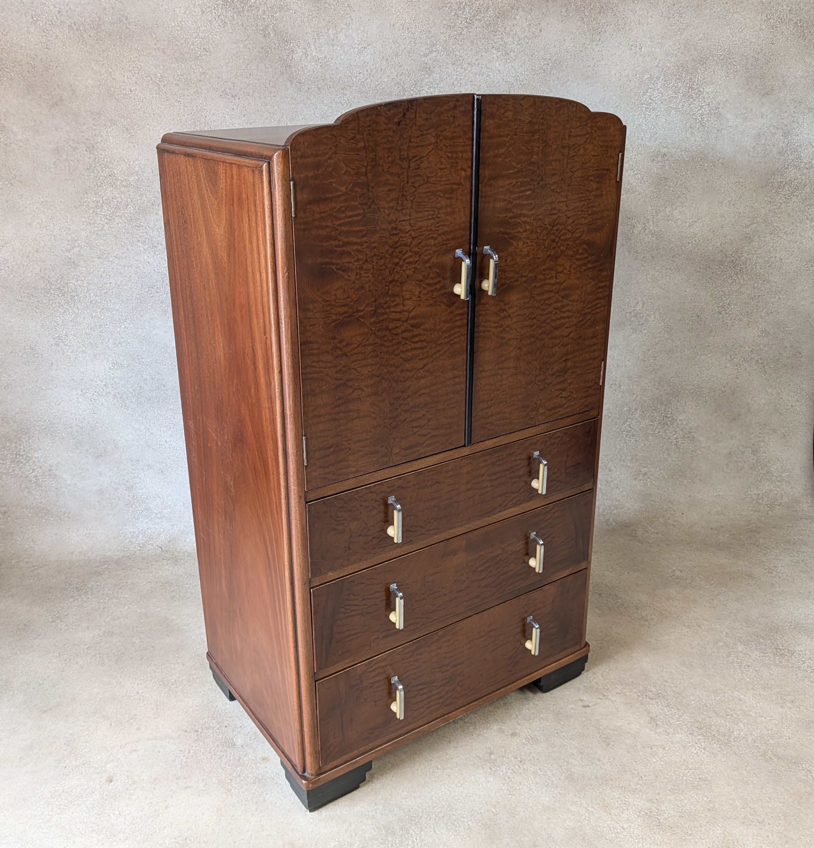 Vintage Art Deco Linen Cabinet Figured Walnut Tallboy Cupboard C.1930