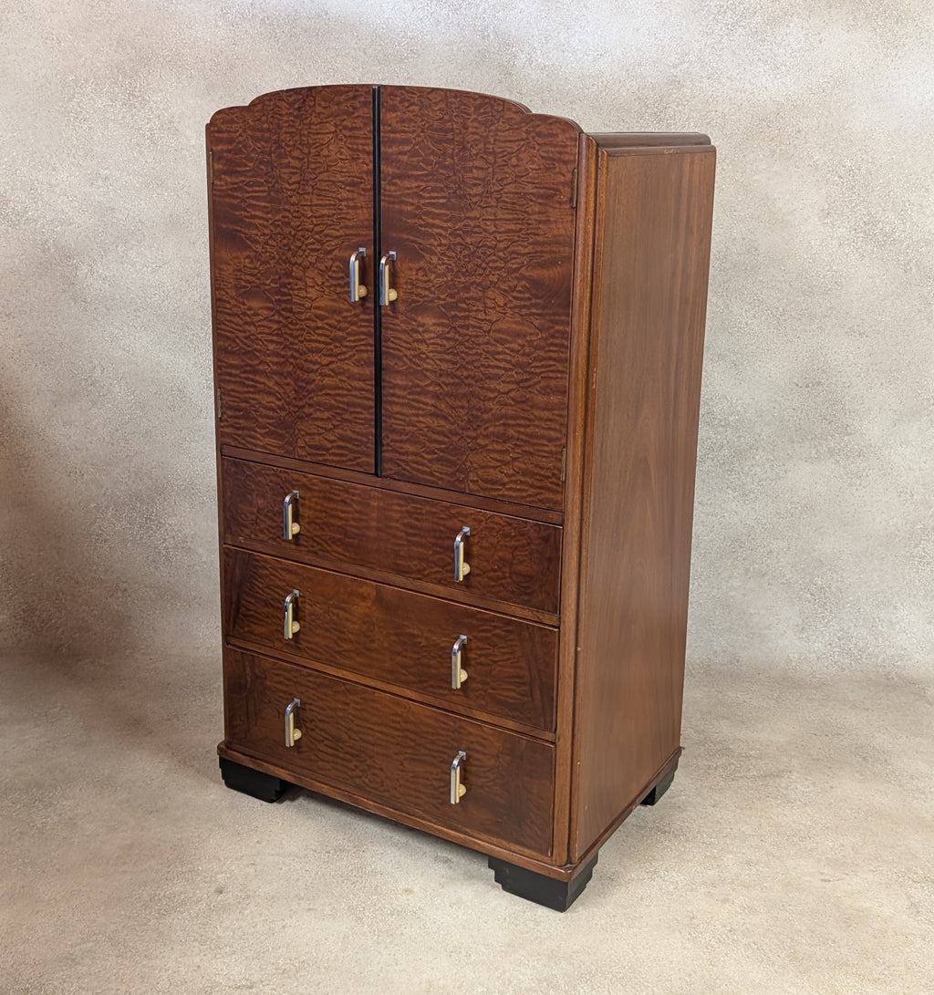 Vintage Art Deco Linen Cabinet Figured Walnut Tallboy Cupboard C.1930