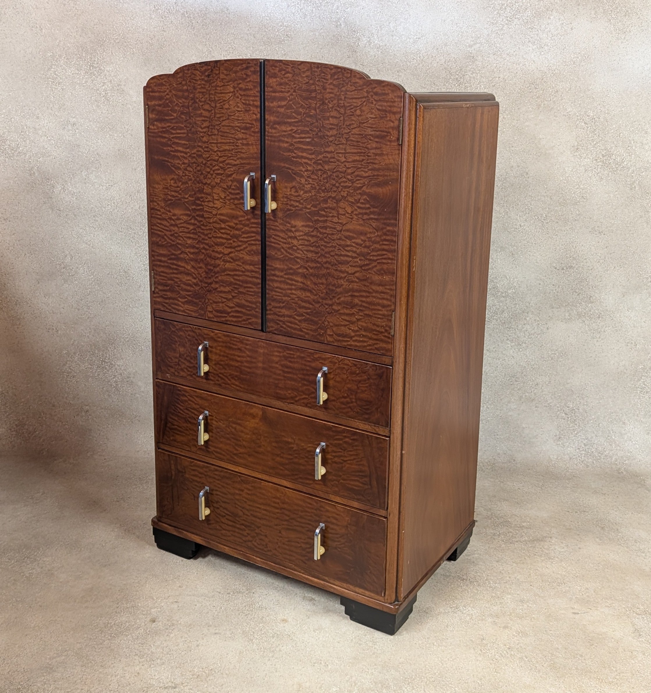Vintage Art Deco Linen Cabinet Figured Walnut Tallboy Cupboard C.1930