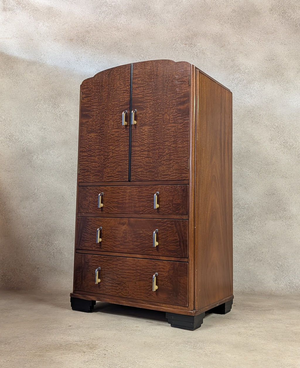 Vintage Art Deco Linen Cabinet Figured Walnut Tallboy Cupboard C.1930