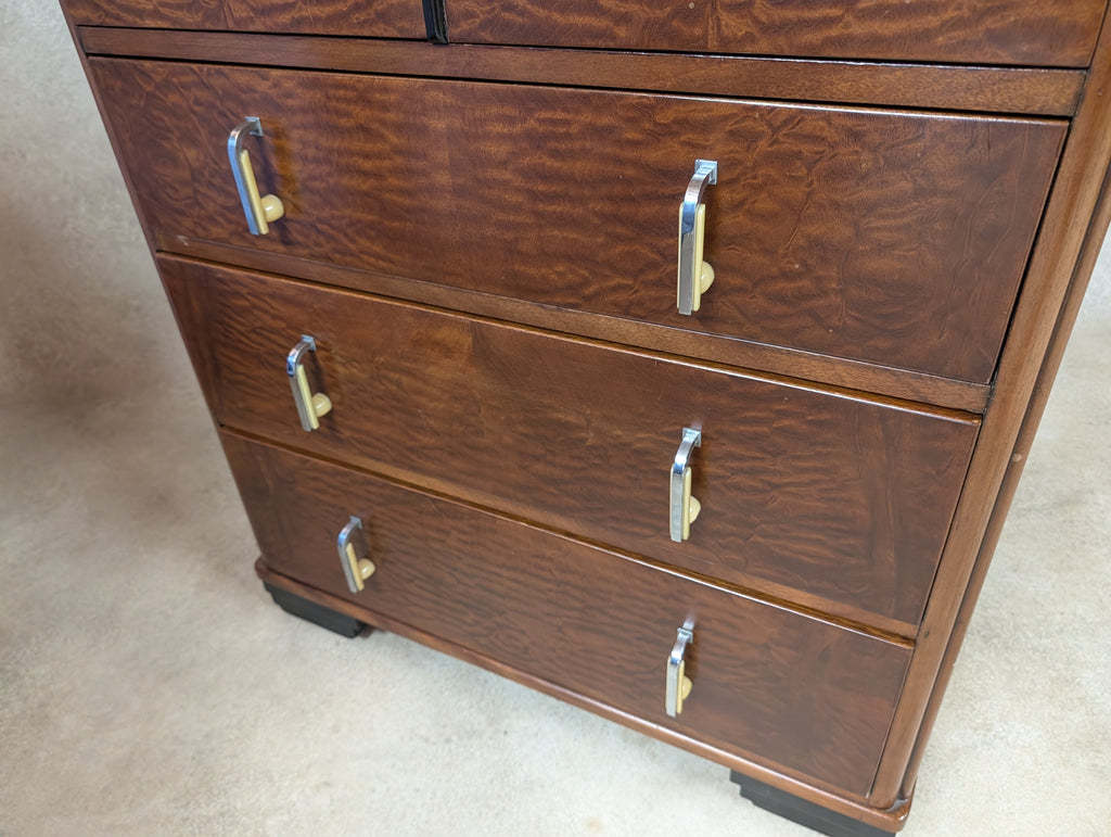 Vintage Art Deco Linen Cabinet Figured Walnut Tallboy Cupboard C.1930