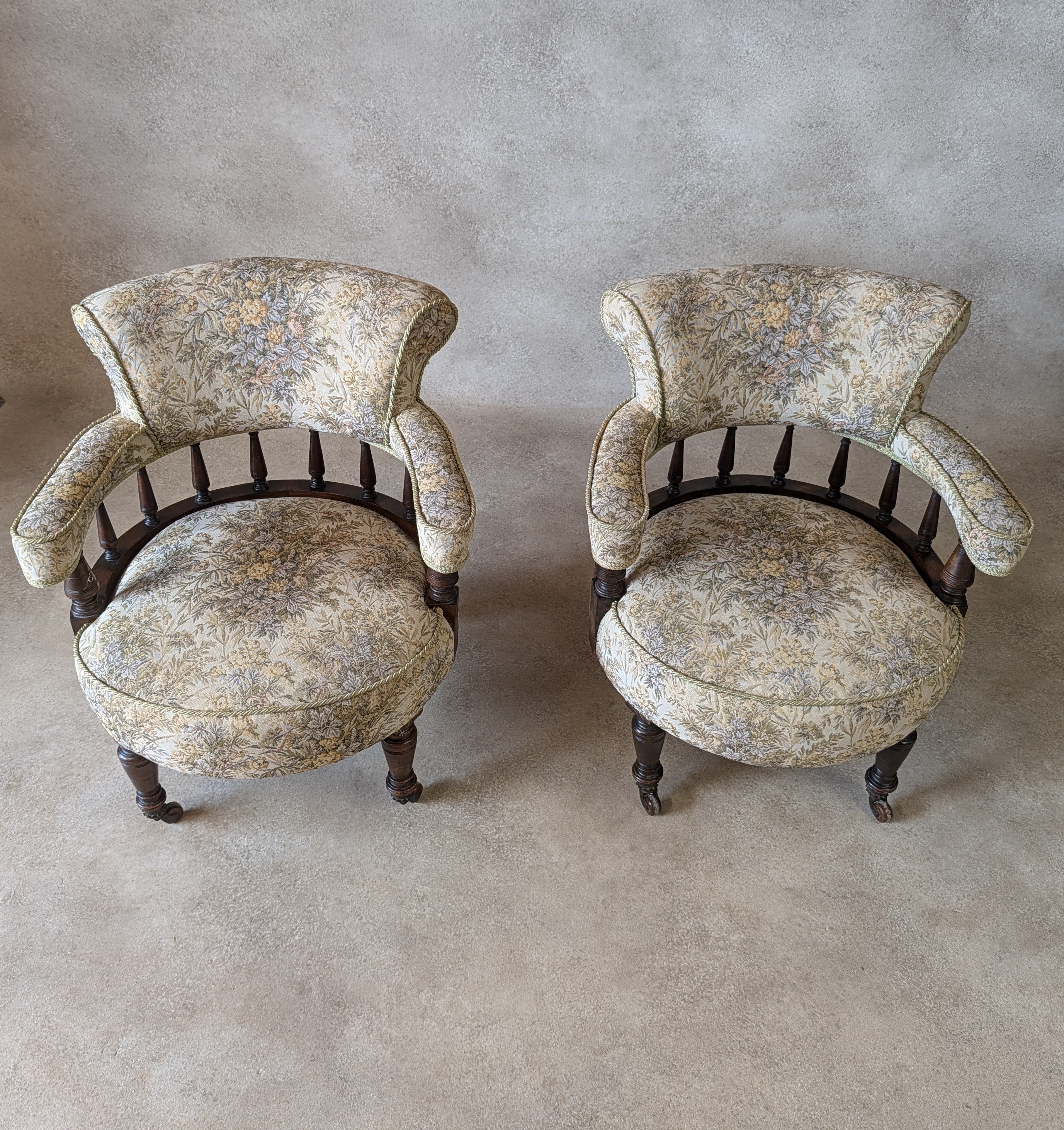 Pair of Late Victorian Mahogany Tub Armchairs Floral Tapestry Chairs C.1890