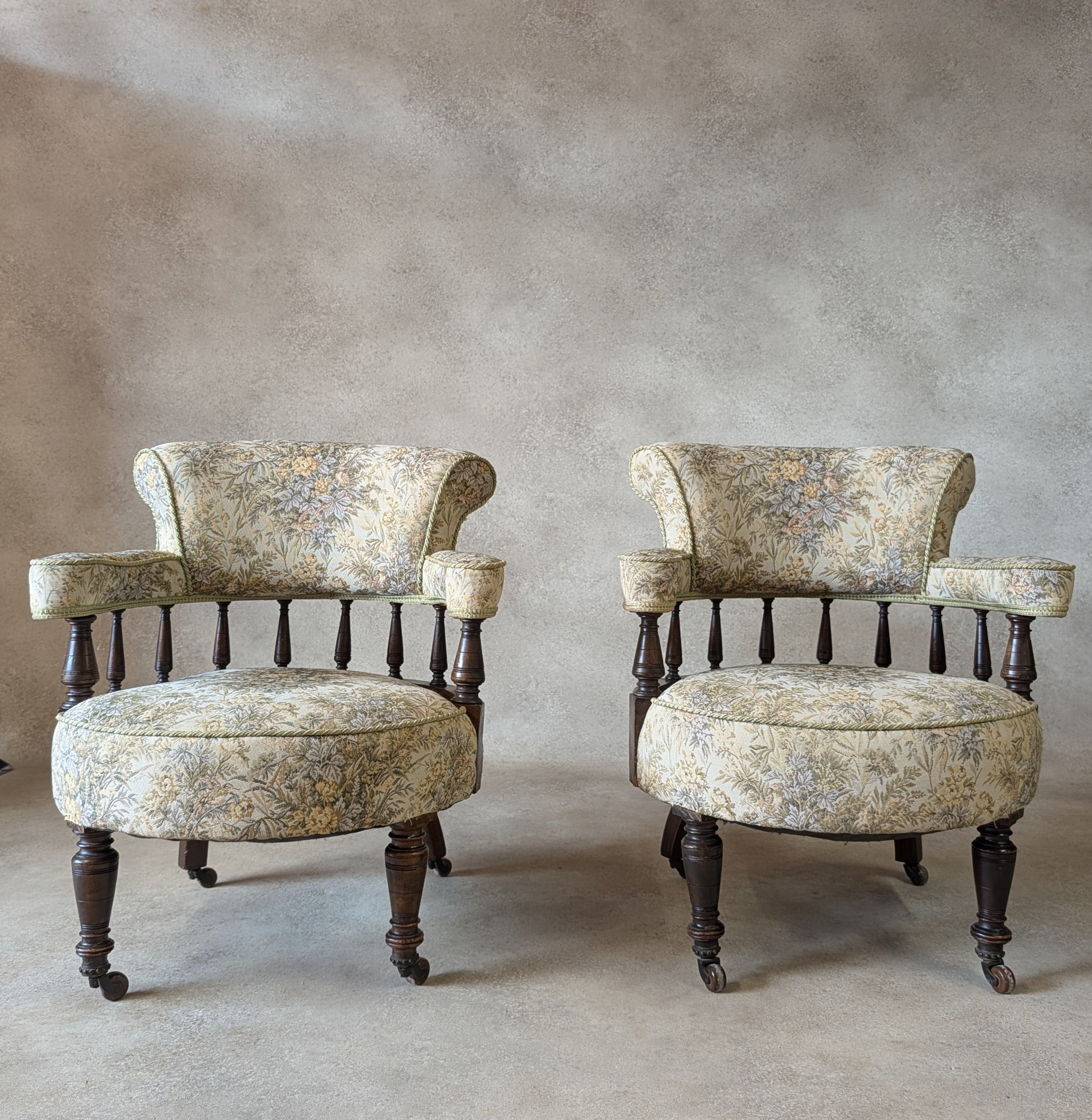 Pair of Late Victorian Mahogany Tub Armchairs Floral Tapestry Chairs C.1890