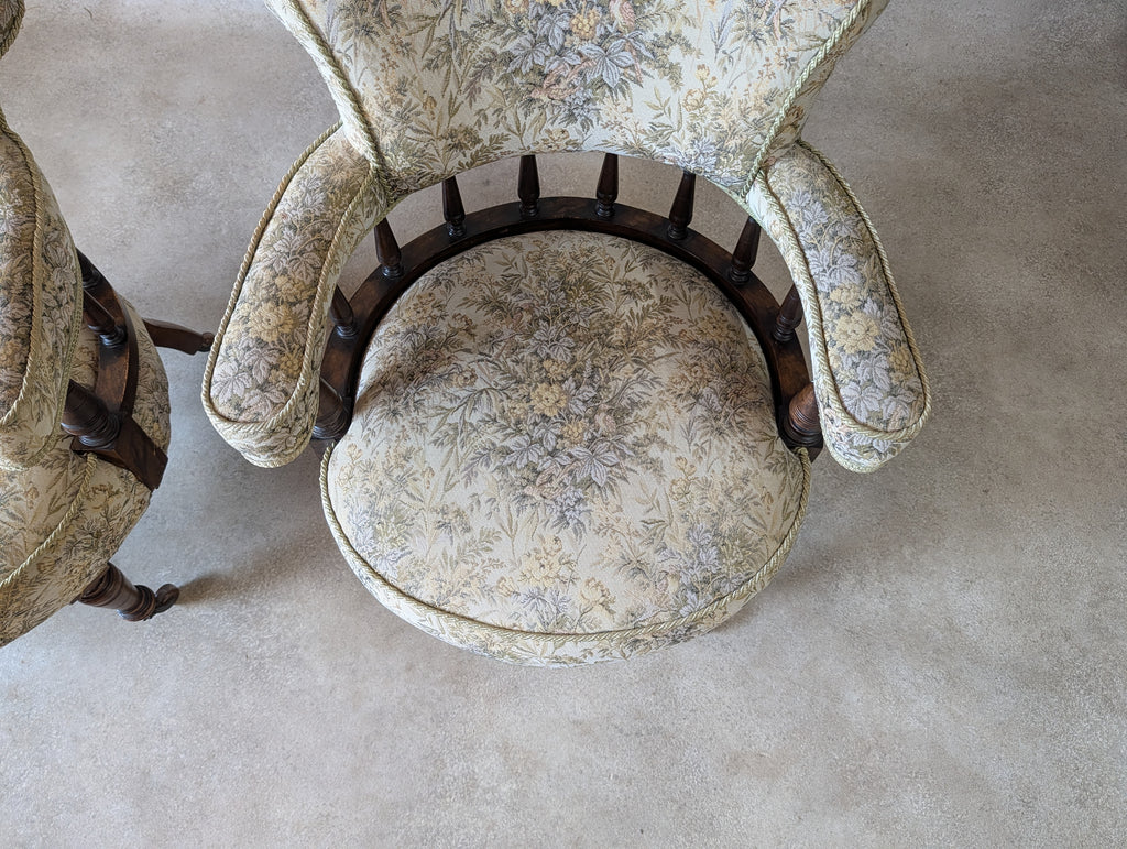 Pair of Late Victorian Mahogany Tub Armchairs Floral Tapestry Chairs C.1890