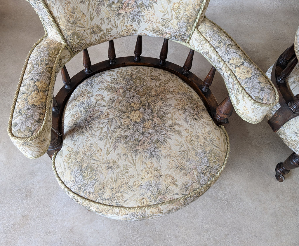 Pair of Late Victorian Mahogany Tub Armchairs Floral Tapestry Chairs C.1890