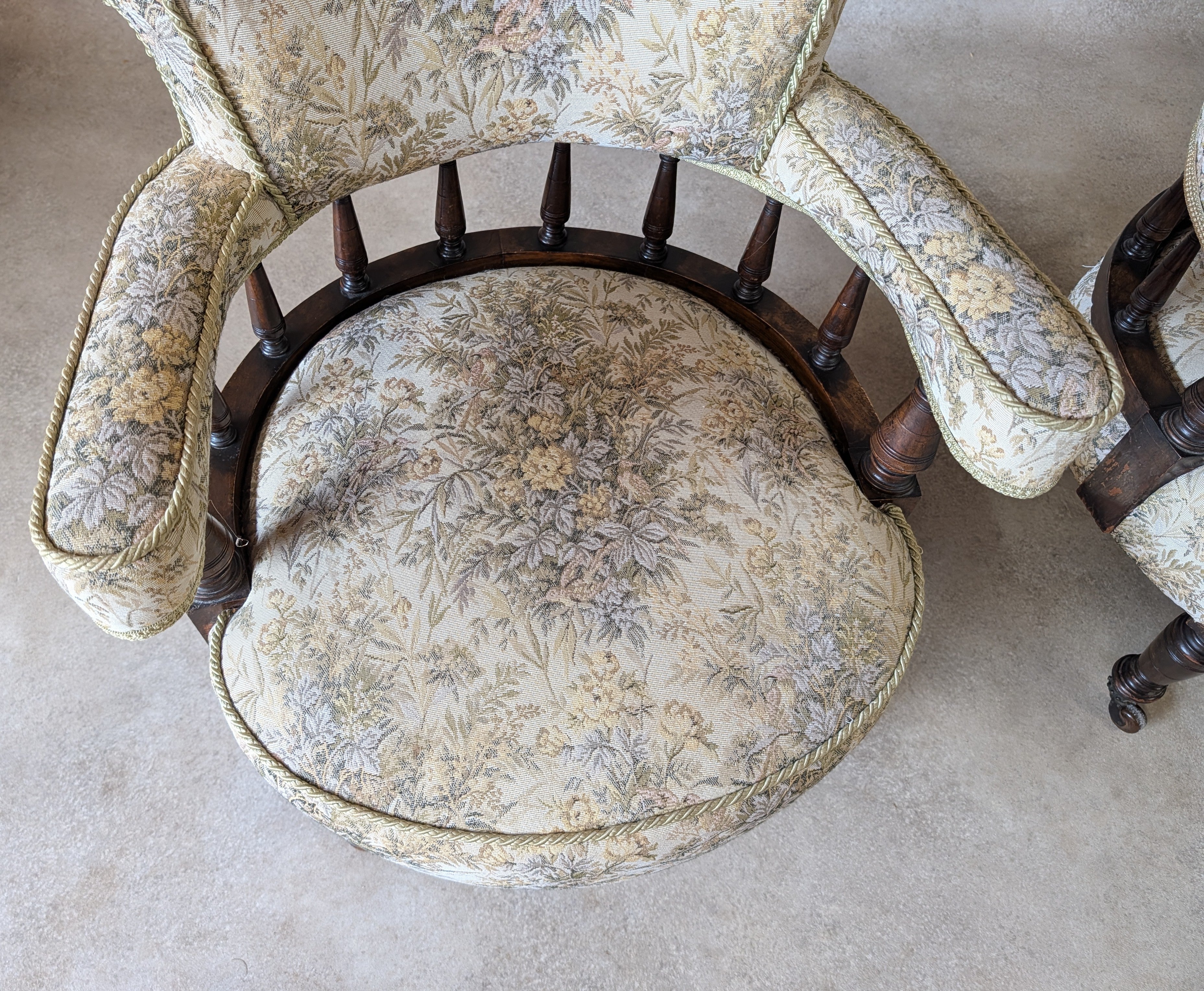 Pair of Late Victorian Mahogany Tub Armchairs Floral Tapestry Chairs C.1890
