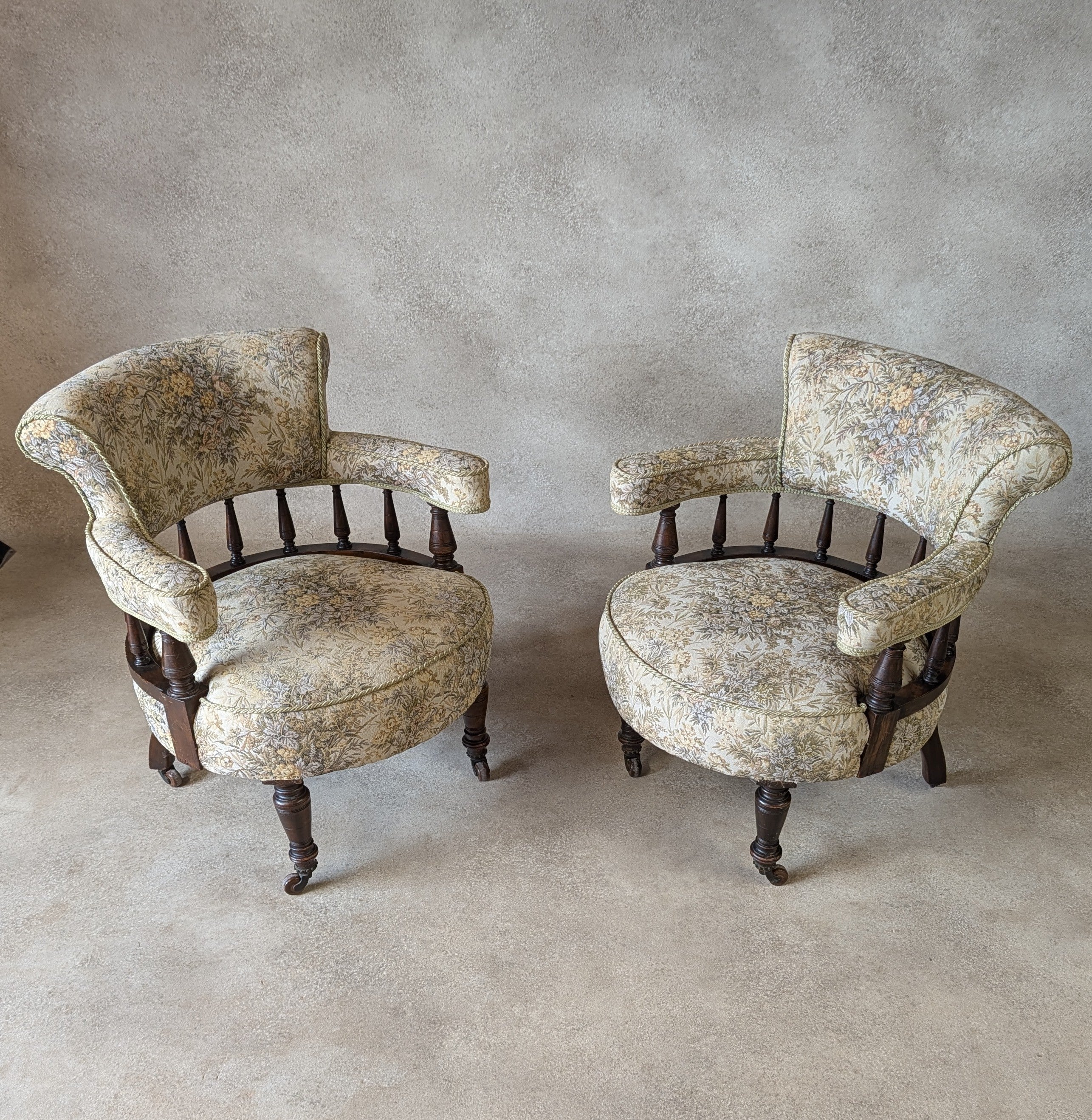 Pair of Late Victorian Mahogany Tub Armchairs Floral Tapestry Chairs C.1890
