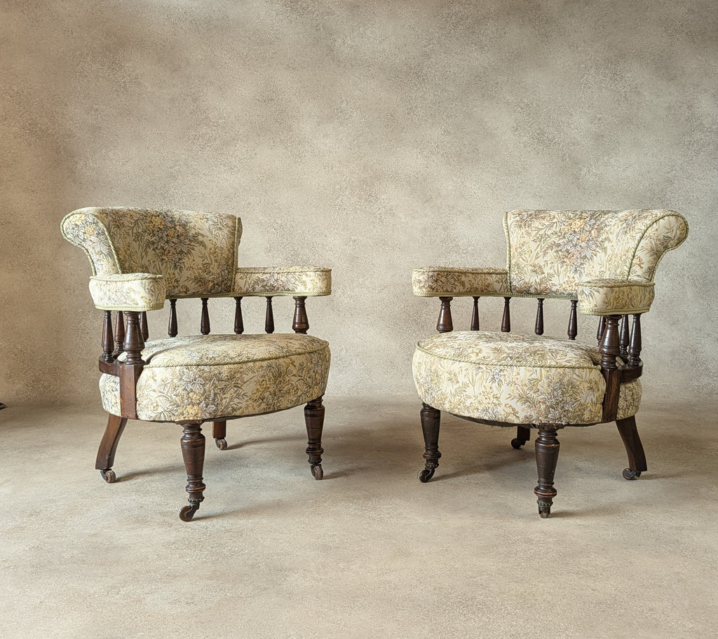Pair of Late Victorian Mahogany Tub Armchairs Floral Tapestry Chairs C.1890