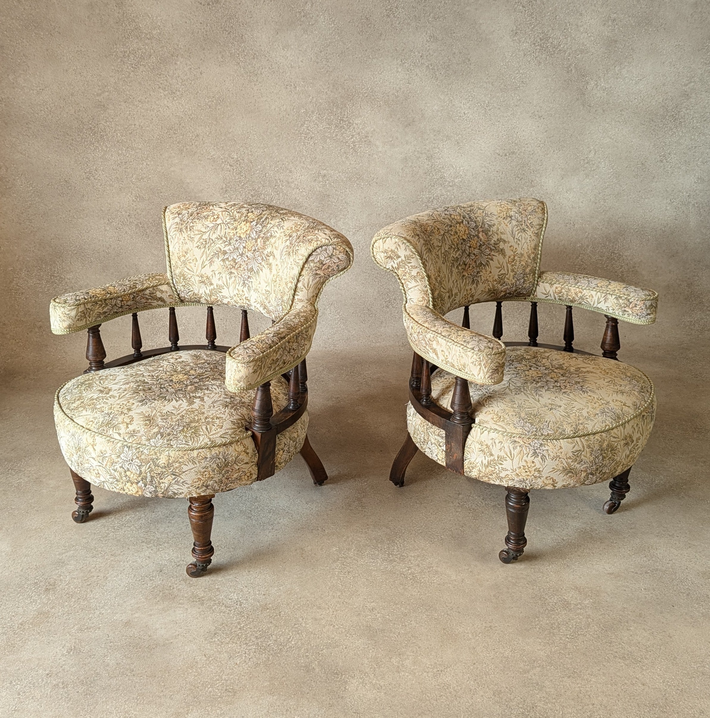 Pair of Late Victorian Mahogany Tub Armchairs Floral Tapestry Chairs C.1890