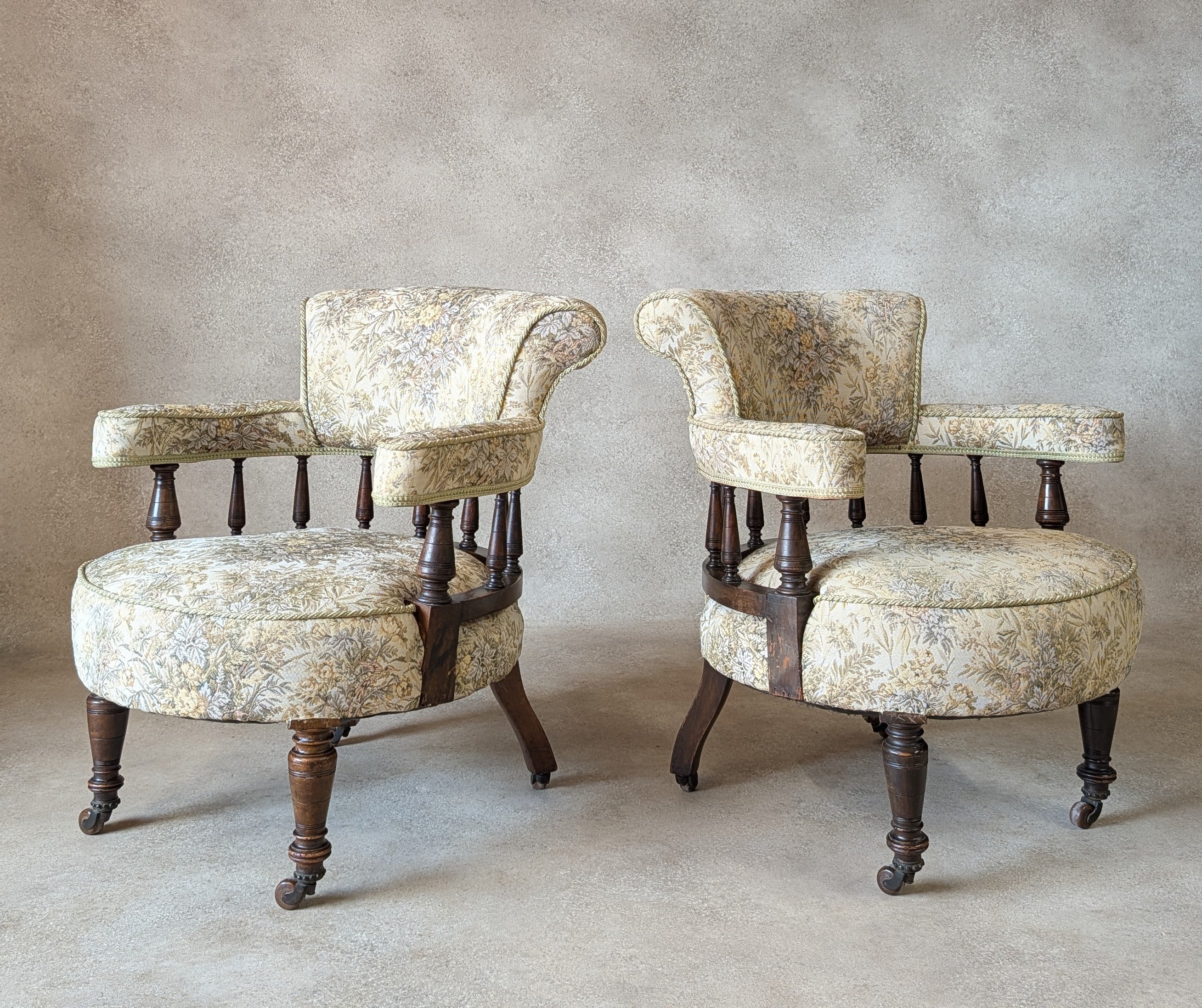 Pair of Late Victorian Mahogany Tub Armchairs Floral Tapestry Chairs C.1890