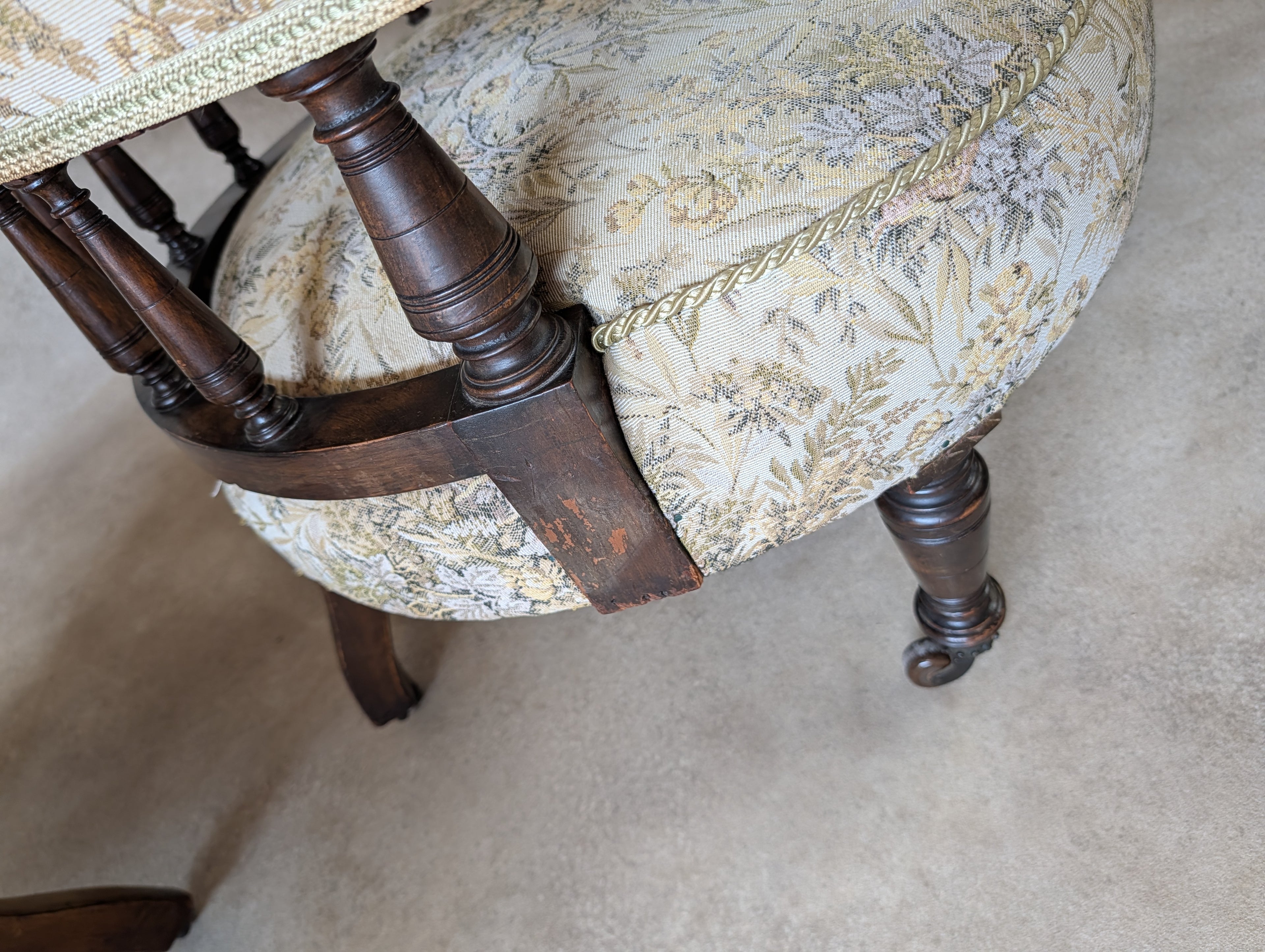 Pair of Late Victorian Mahogany Tub Armchairs Floral Tapestry Chairs C.1890