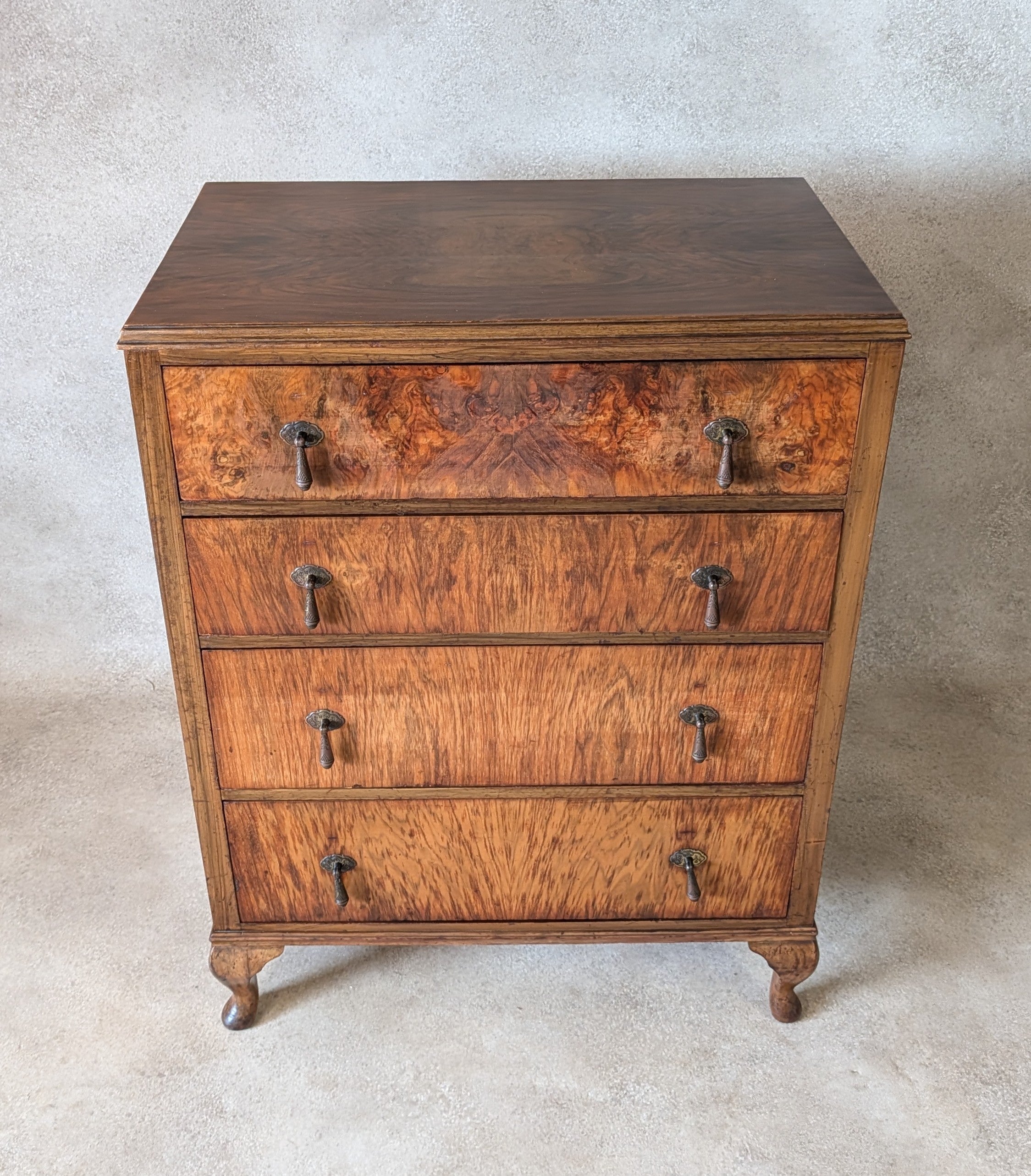 Vintage Art Deco / Queen Anne Style Burr Walnut Chest Of Drawers 1930s