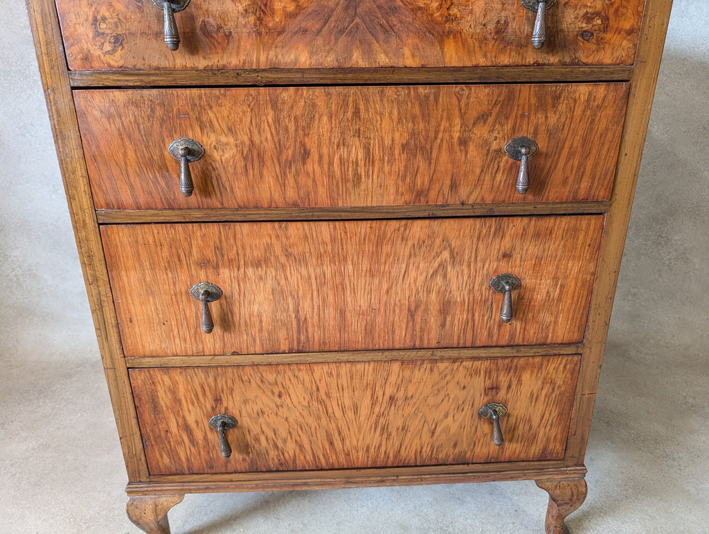 Vintage Art Deco / Queen Anne Style Burr Walnut Chest Of Drawers 1930s