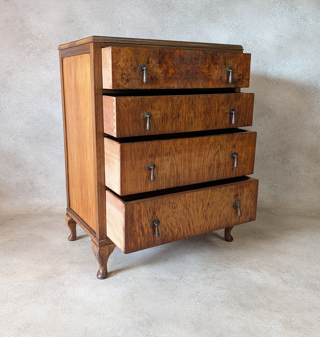 Vintage Art Deco / Queen Anne Style Burr Walnut Chest Of Drawers 1930s