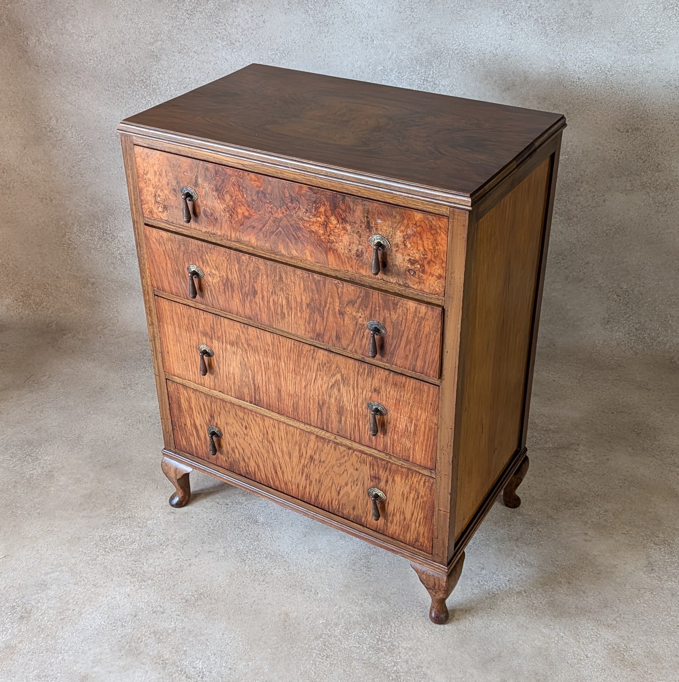 Vintage Art Deco / Queen Anne Style Burr Walnut Chest Of Drawers 1930s