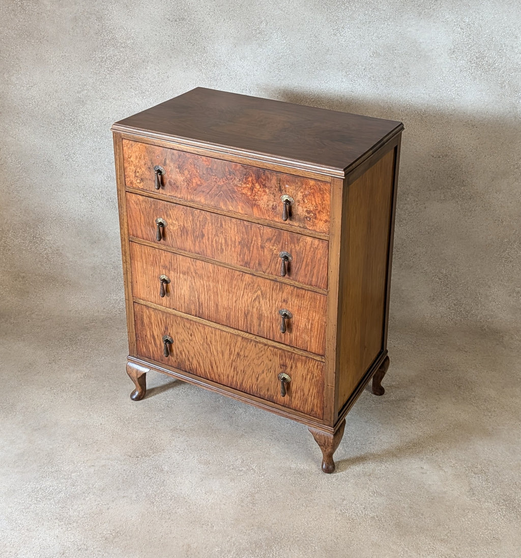 Vintage Art Deco / Queen Anne Style Burr Walnut Chest Of Drawers 1930s