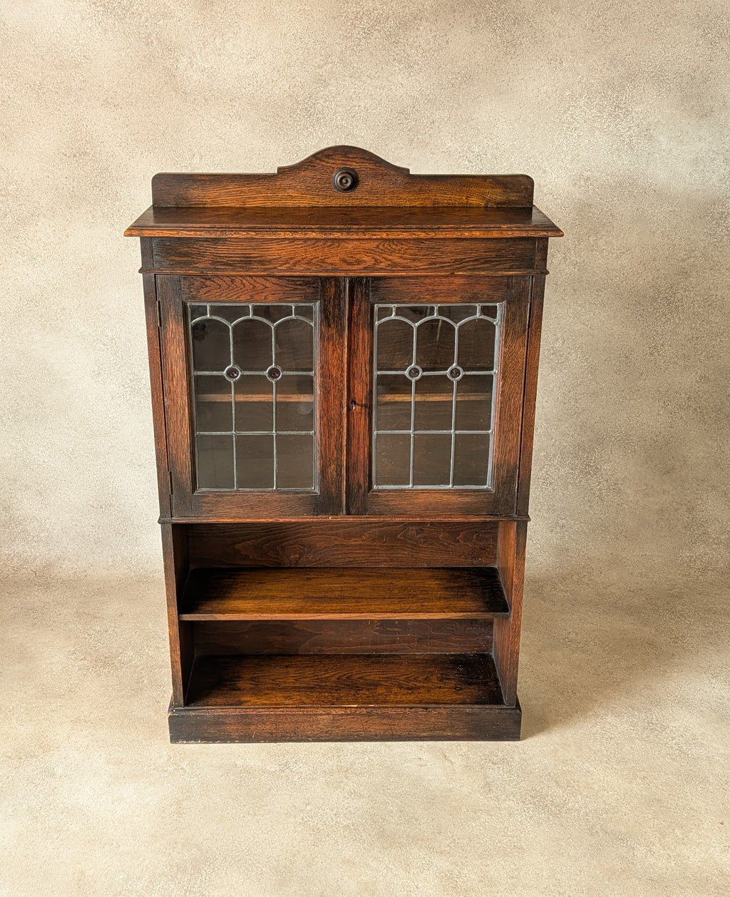 Antique Arts & Crafts Style Oak Leaded Glass Bookcase 1920s