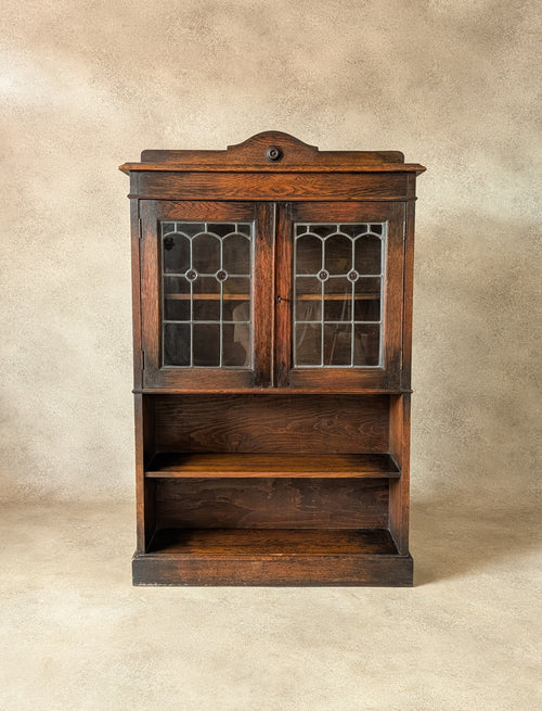 Antique Arts & Crafts Style Oak Leaded Glass Bookcase 1920s