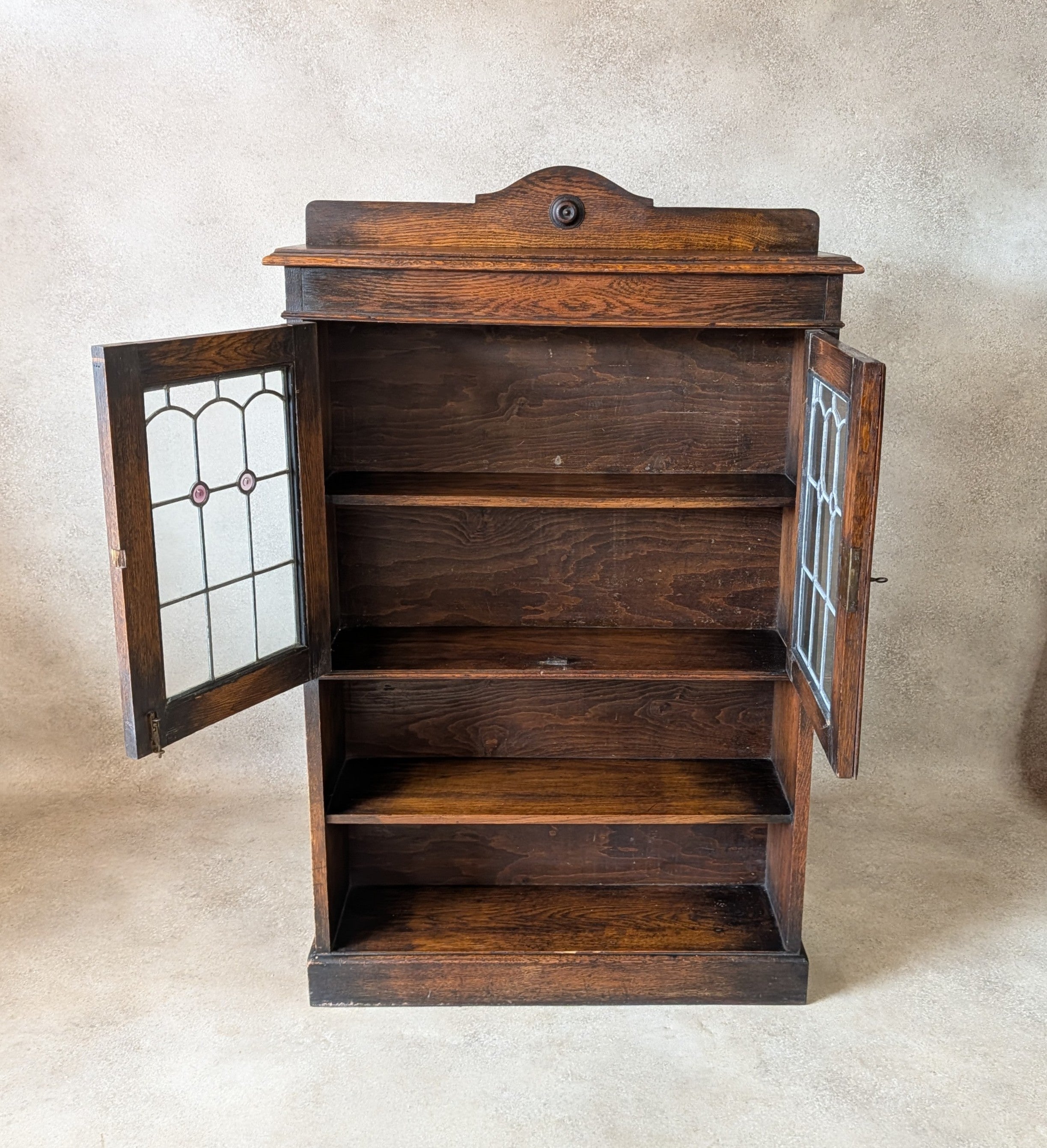 Antique Arts & Crafts Style Oak Leaded Glass Bookcase 1920s