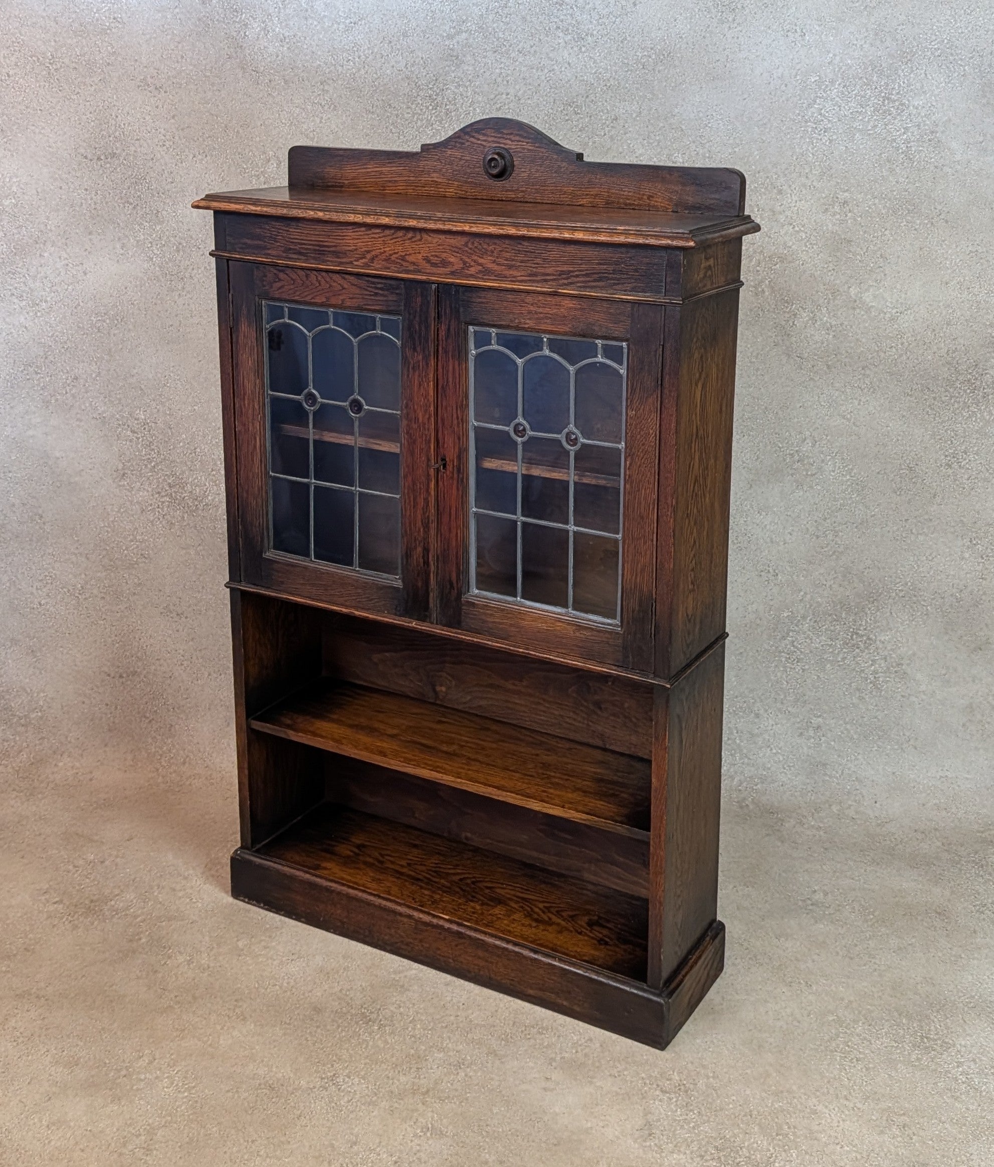 Antique Arts & Crafts Style Oak Leaded Glass Bookcase 1920s