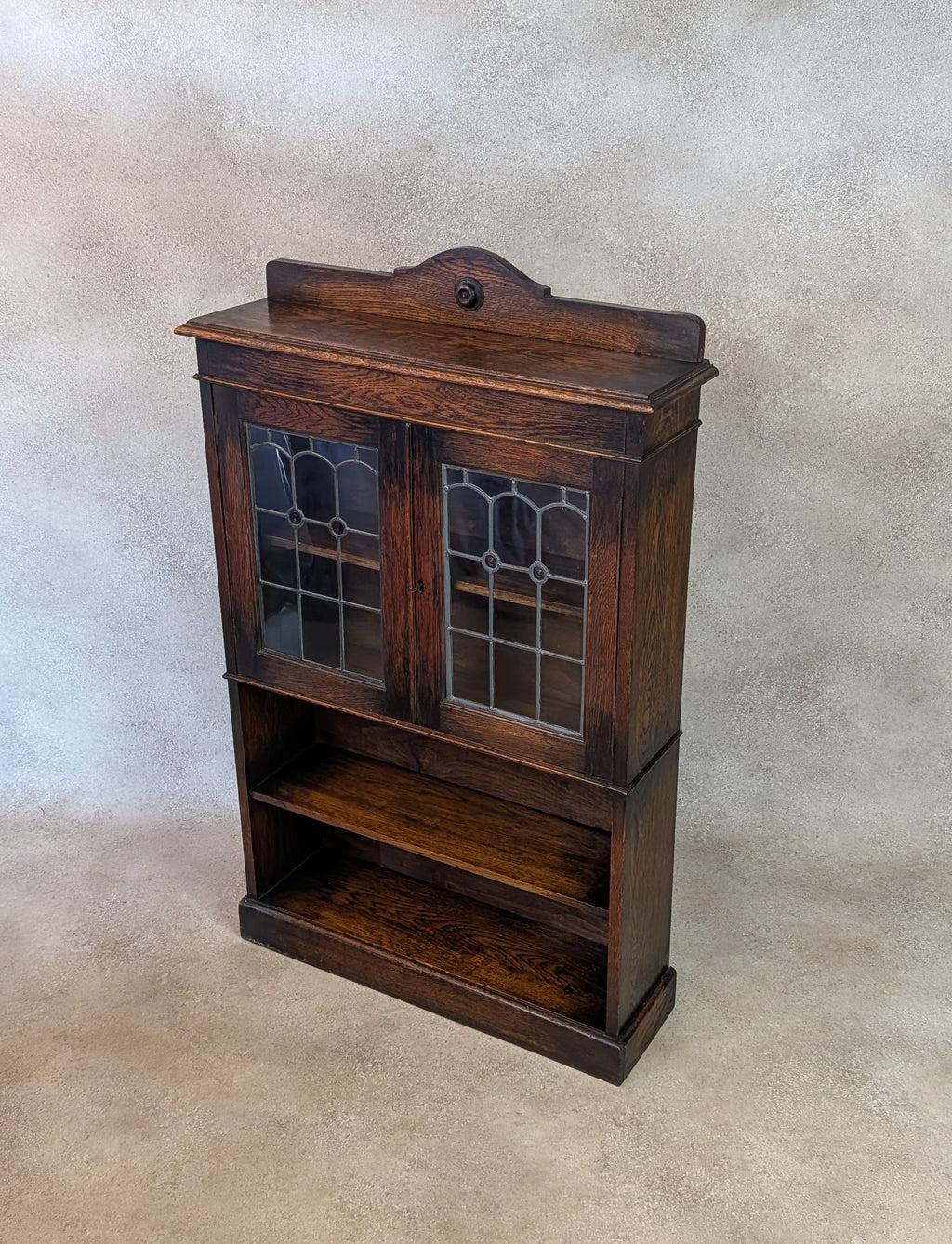Antique Arts & Crafts Style Oak Leaded Glass Bookcase 1920s