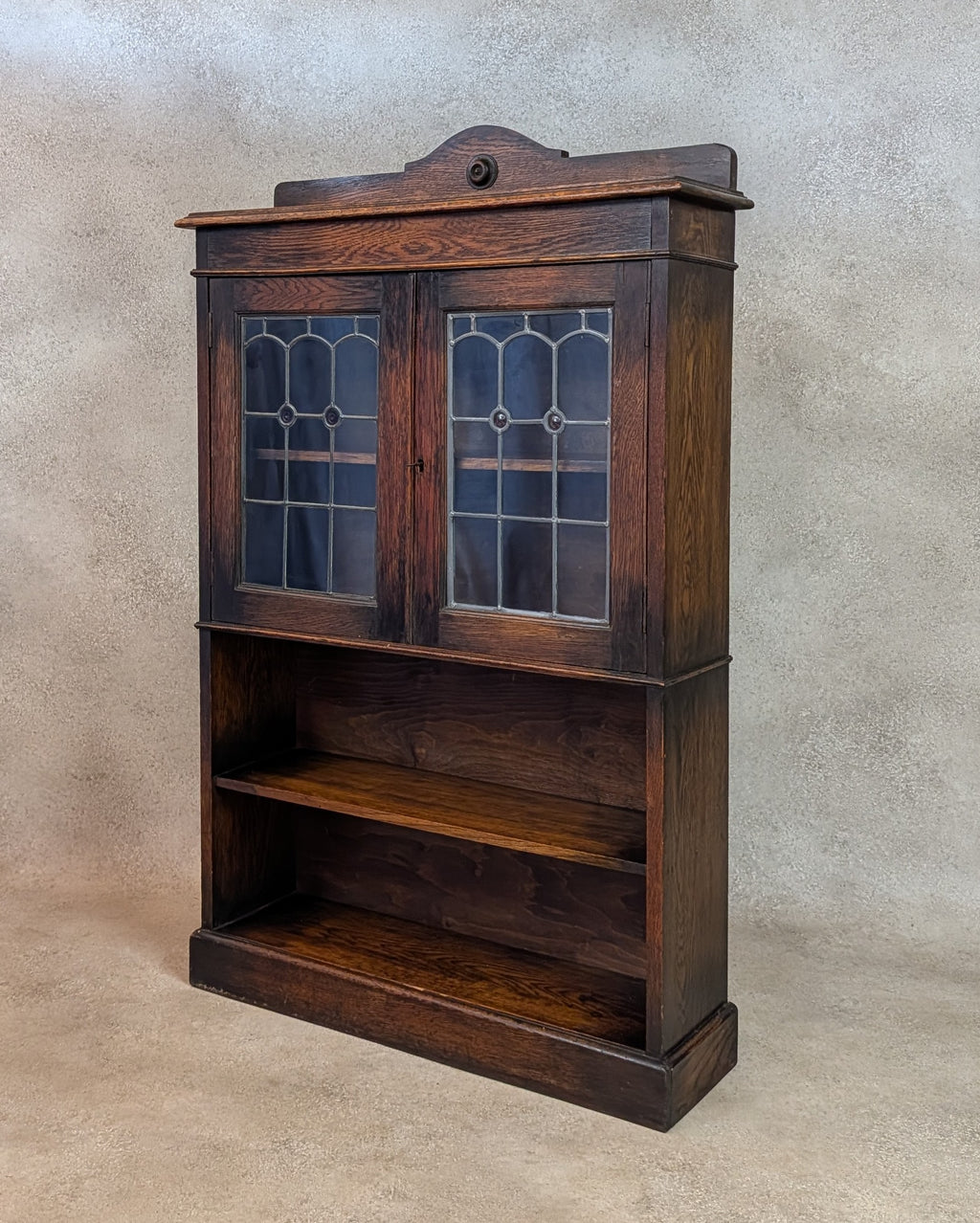 Antique Arts & Crafts Style Oak Leaded Glass Bookcase 1920s