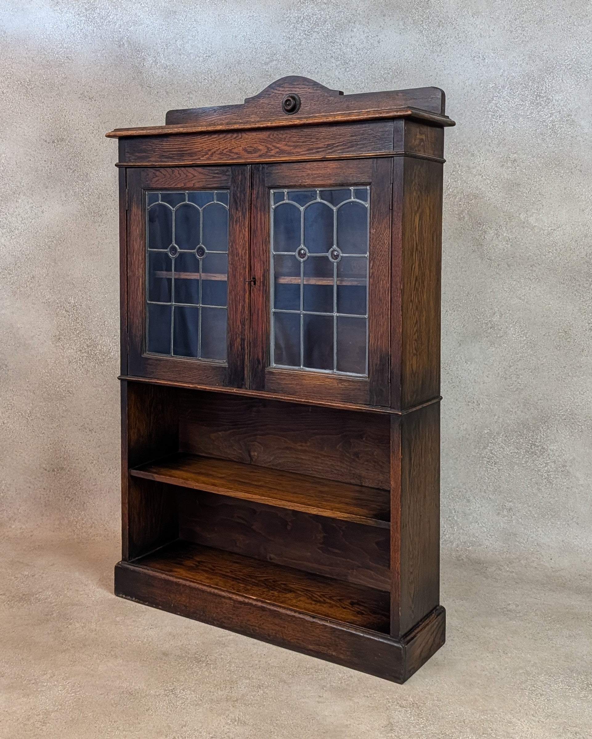 Antique Arts & Crafts Style Oak Leaded Glass Bookcase 1920s