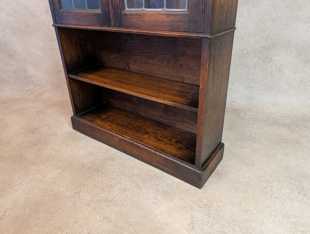 Antique Arts & Crafts Style Oak Leaded Glass Bookcase 1920s