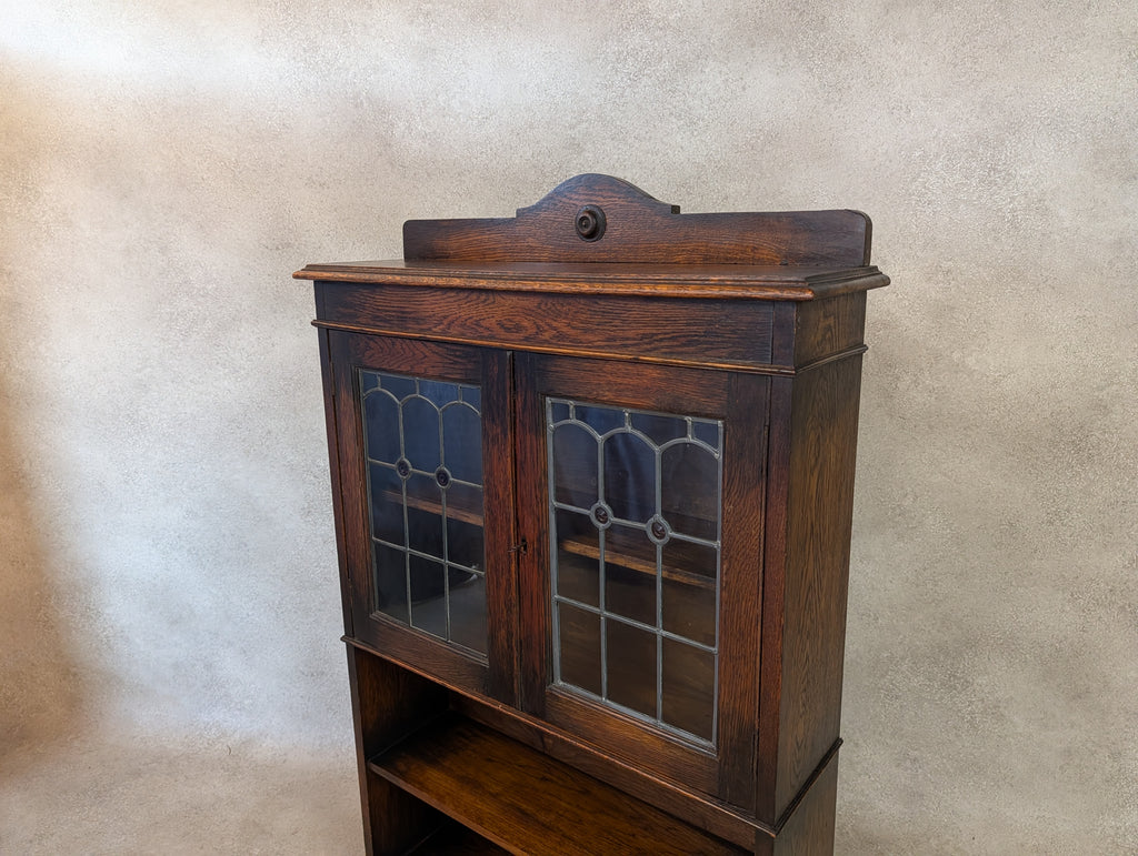 Antique Arts & Crafts Style Oak Leaded Glass Bookcase 1920s