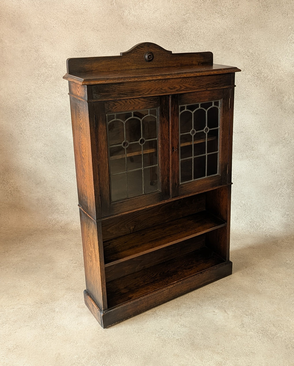 Antique Arts & Crafts Style Oak Leaded Glass Bookcase 1920s